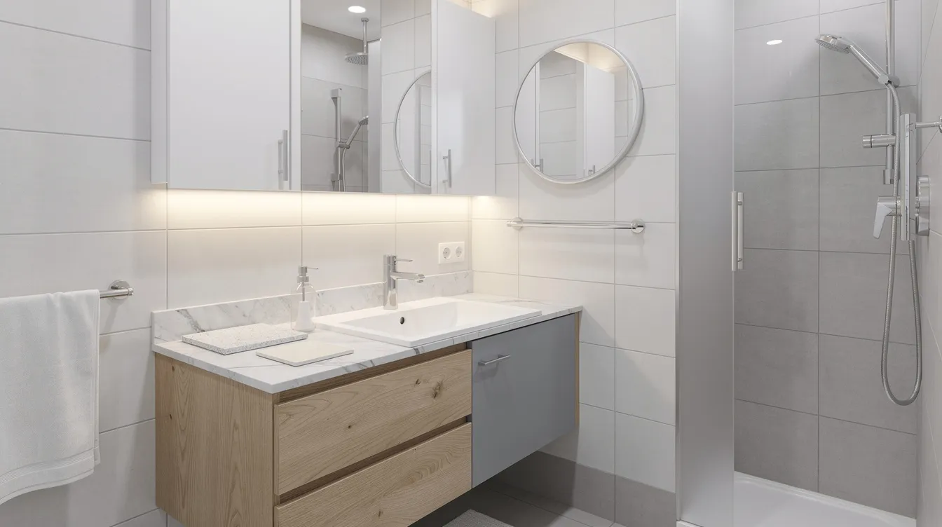 33a02a8a7a7441a8a82556d371808035 The image depicts a stylish small bathroom featuring a compact bathroom vanity with a ceramic sink light colored finishes and a mirrored cabinet that enhances the sense of space The design incorporates space saving elements like off center bowls and streamlined faucets making it both functional and aesthetically pleasing