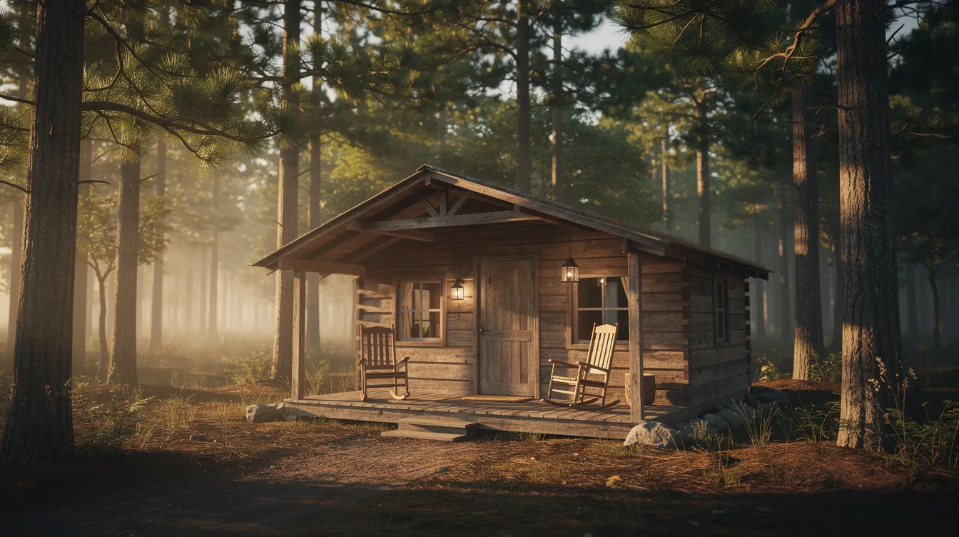3656fe1b58c04628a926bc47adba46bf A tiny rustic wooden cabin with a covered front porch features two rocking chairs nestled among tall pine trees during the golden hour The warm light highlights the cabin's charming exterior, creating a serene atmosphere perfect for enjoying nature.