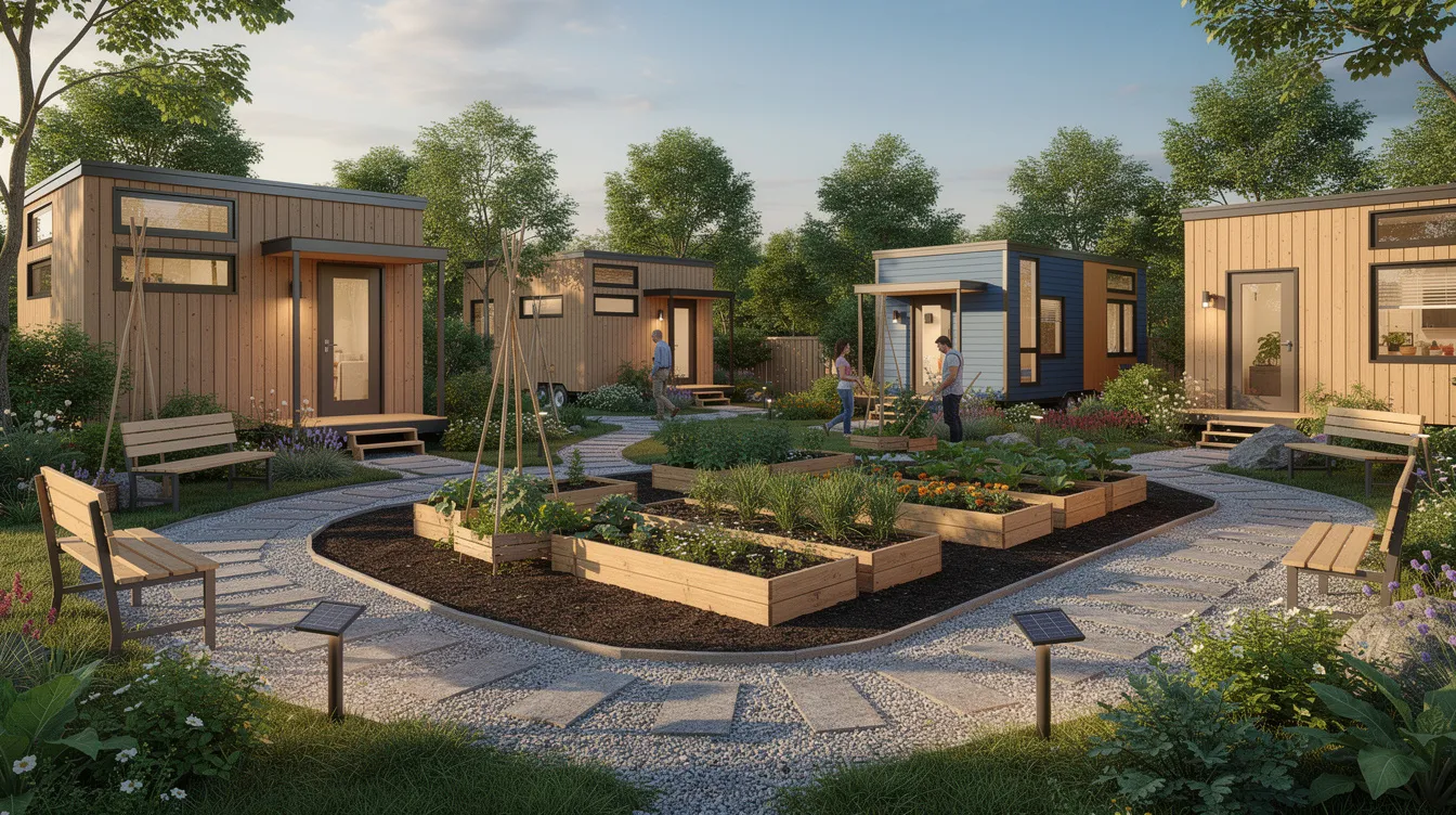 37b45afb6f0f4544a3200b1c1c7fa4a5 The image depicts a small cluster of tiny homes arranged in a community setting featuring shared garden spaces and walking paths that encourage social interaction This scene reflects the tiny house movement showcasing how tiny home communities can provide affordable housing options while adhering to local zoning laws and building codes