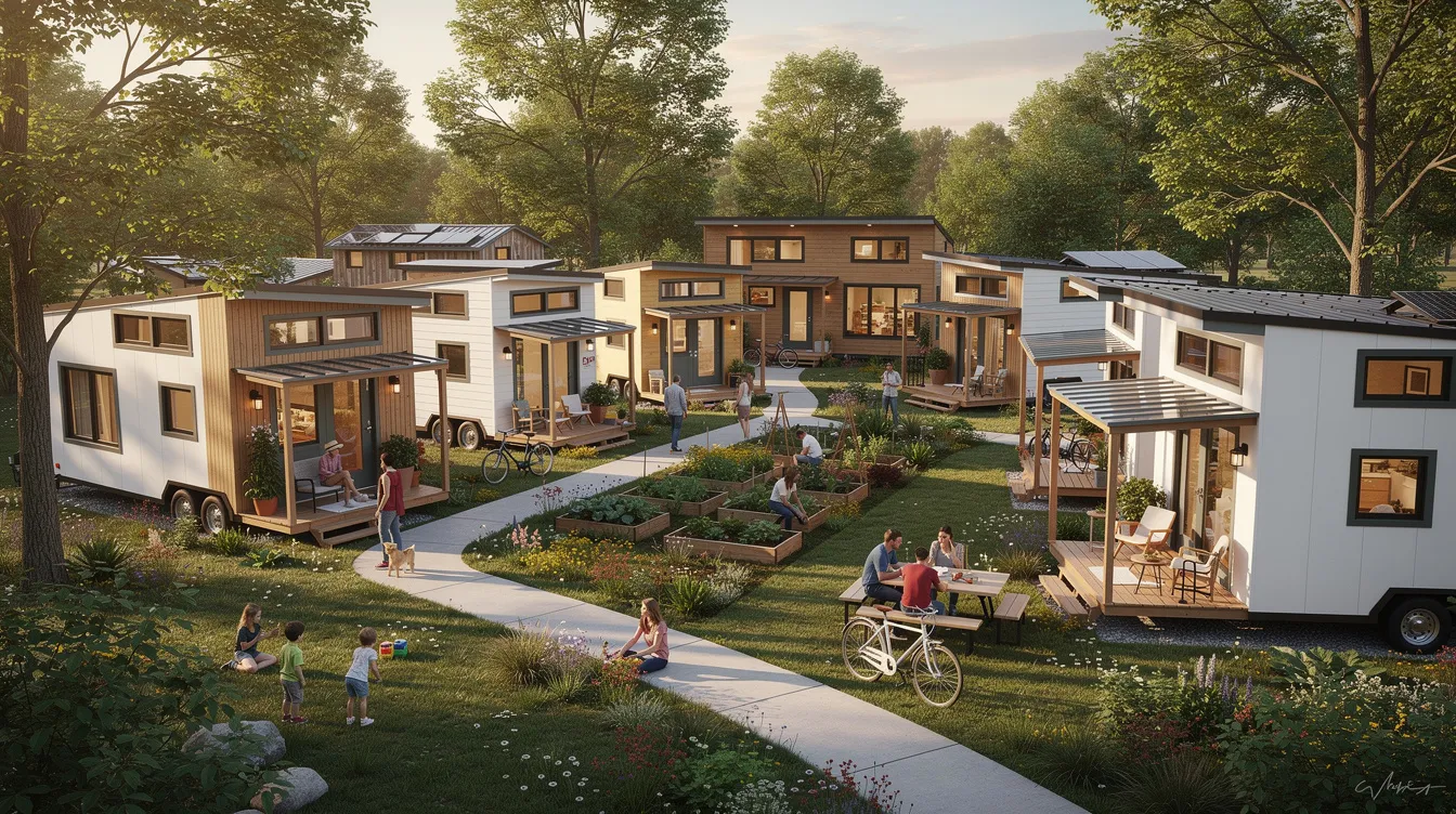 37c12d71f75c4a2f885a289b4a88d91e The image depicts a vibrant tiny house community nestled in a scenic area showcasing several colorful tiny homes surrounded by nature Residents enjoy a communal atmosphere with shared amenities creating a welcoming environment for those interested in tiny living and the unique lifestyle it offers