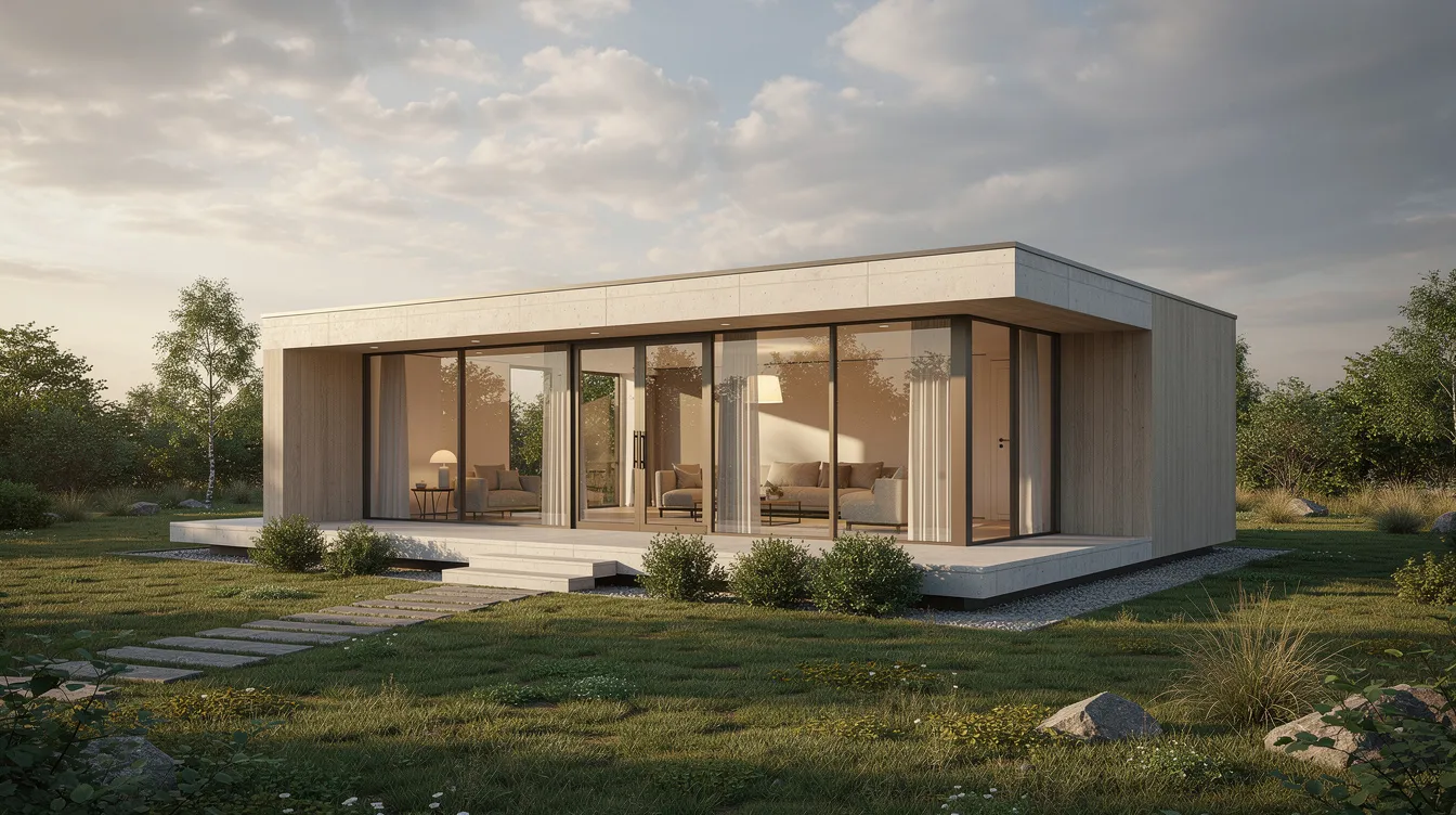 383e1d7ed7a84ac281f6875a93f44491 The image depicts a modern box house showcasing a sleek and minimalist design that emphasizes comfort and functionality This innovative housing model is part of a project aimed at providing affordable workforce housing options ideal for individuals and families seeking a stylish yet practical living space