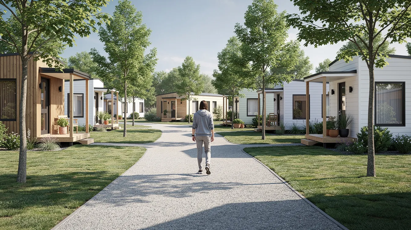 39077a4b29864eafa954ee40a78b5427 A person strolls along a tree lined path in a vibrant tiny house community surrounded by small modern homes that embody the essence of tiny home living This planned village in Frisco Texas features walking trails and offers residents access to various amenities creating a great place to enjoy life outdoors