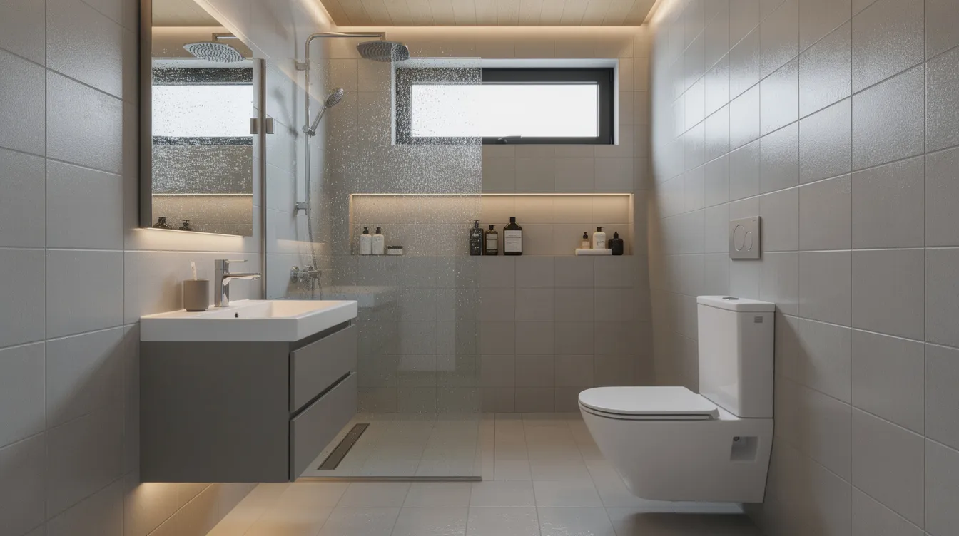 394c9f308ef2425391daa39e35916a3c The image depicts a tiny house wet bathroom featuring a glass corner shower and a small sink designed to maximize space with ample storage options like floating shelves Natural light floods the entire room highlighting the efficient layout that includes a composting toilet and a stylish vanity making it a perfect solution for small bathrooms