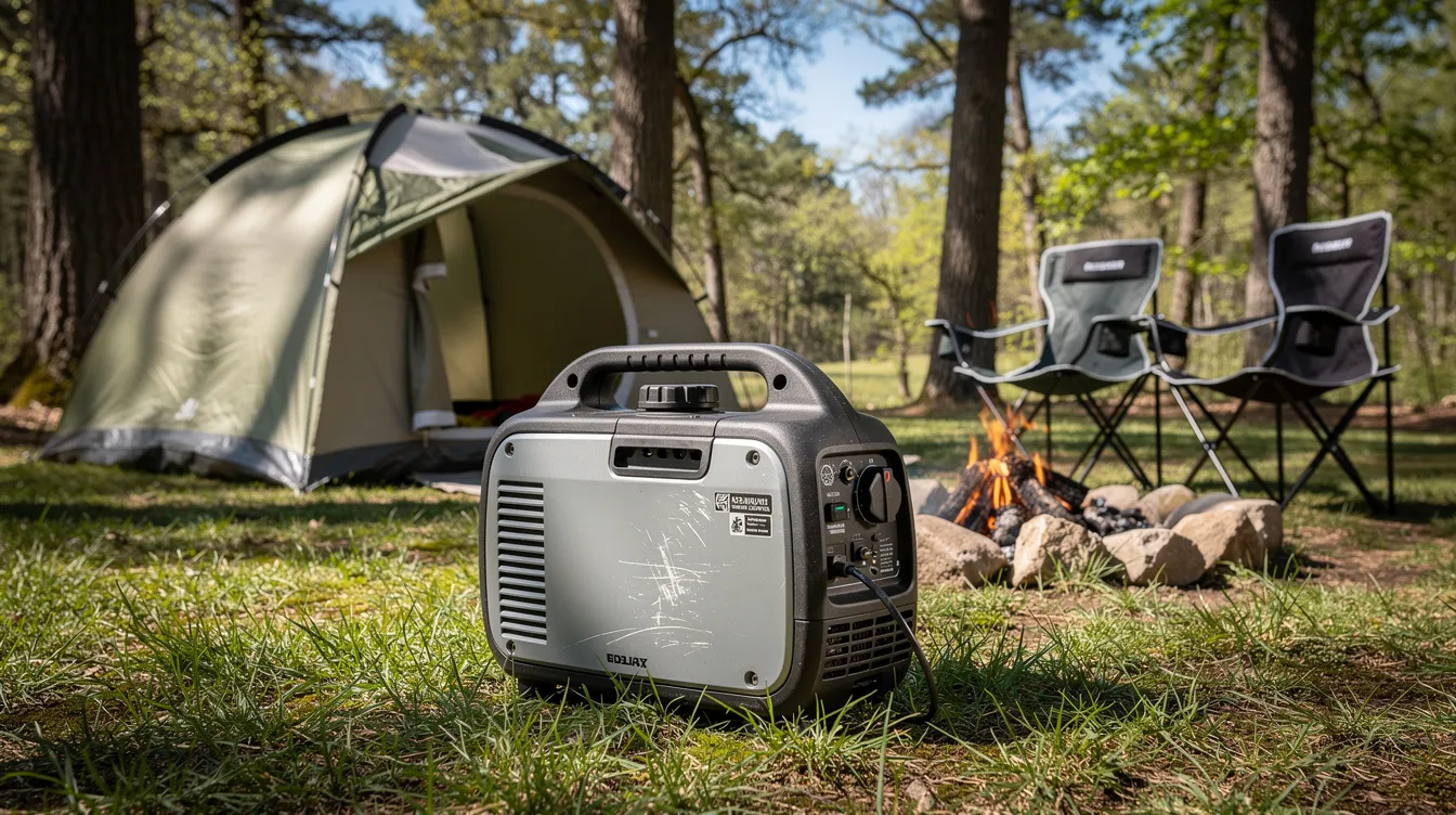 39a91ca5517843c4ad5089f2680fc505 A small portable generator is placed on the grass at a campsite next to a tent and camping chairs showcasing its practicality for outdoor activities This generator is ideal for providing power to essential equipment such as lights and sensitive electronics ensuring a comfortable camping experience