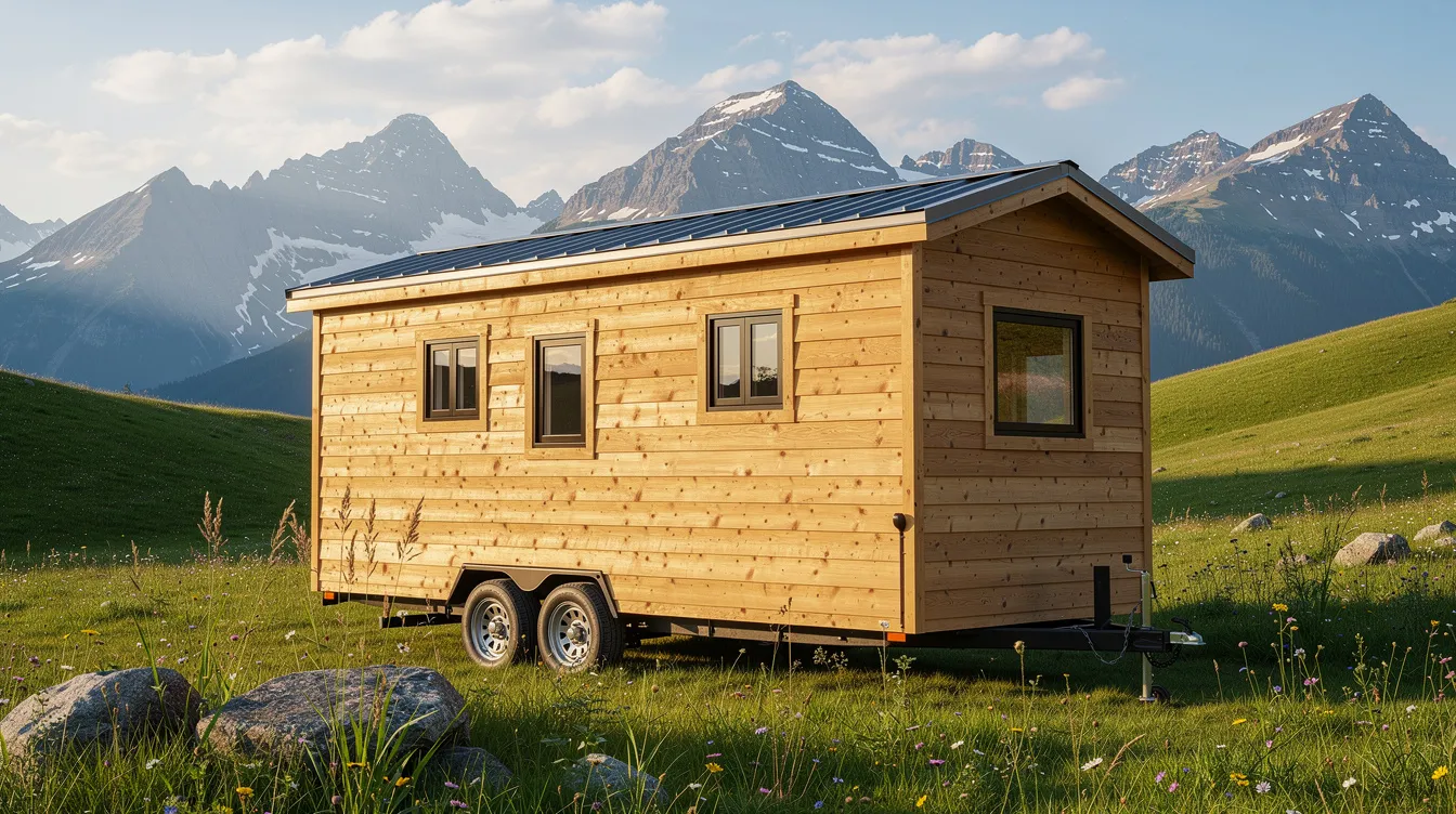39c33deb59b740f8a2ce5242717758b6 A small wooden tiny house on a trailer sits in a lush green meadow surrounded by stunning mountain views in the background This charming tiny home is ideal for those looking to live off grid with potential features like a grey water system and water storage solutions for fresh water supply