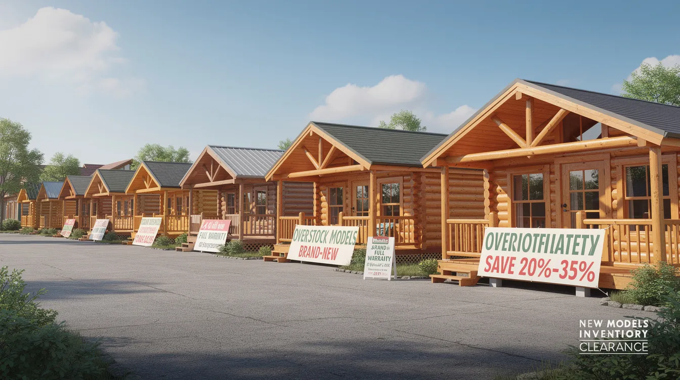 39d31112a3104f499b893aba999e1368 The image showcases a selection of overstock log cabins highlighting a variety of new log home models available for sale at reduced prices These high quality cabins designed with durable materials are perfect for customers looking for a dream cabin without compromising on condition or warranty coverage