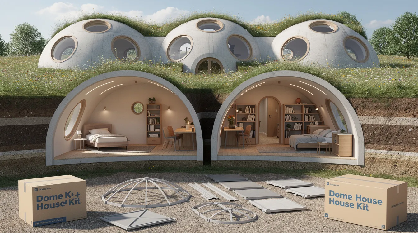 39e0555a61d241aa8203633a1fc8c613 The image showcases a geodesic dome house kit set against a natural landscape highlighting its aerodynamic shape and energy efficient design This dome home suitable for rural areas emphasizes sustainable living with its durable structure and cost effective construction options