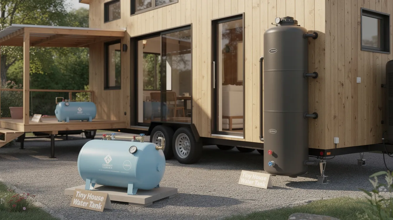 3a1fabe7ee914ba184fa496545fdd420 The image depicts a compact water tank system designed for tiny houses showcasing various components such as a water pump insulated spigot and connections for fresh water and grey water systems This setup is ideal for off grid living ensuring a reliable water supply for kitchen sinks washing machines and composting toilets even in cold climates