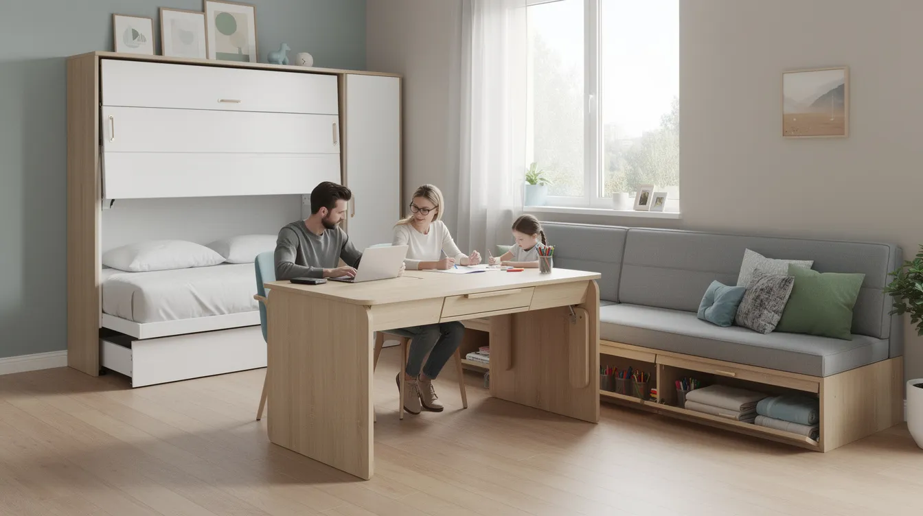 3a389be4f8a14fabb716eb2e04db6b6f The image depicts a versatile piece of convertible multi purpose furniture that functions as a dining table desk and play surface ideal for tiny homes This clever storage solution maximizes space efficiency making it perfect for growing families who need to adapt their living area for various daily activities