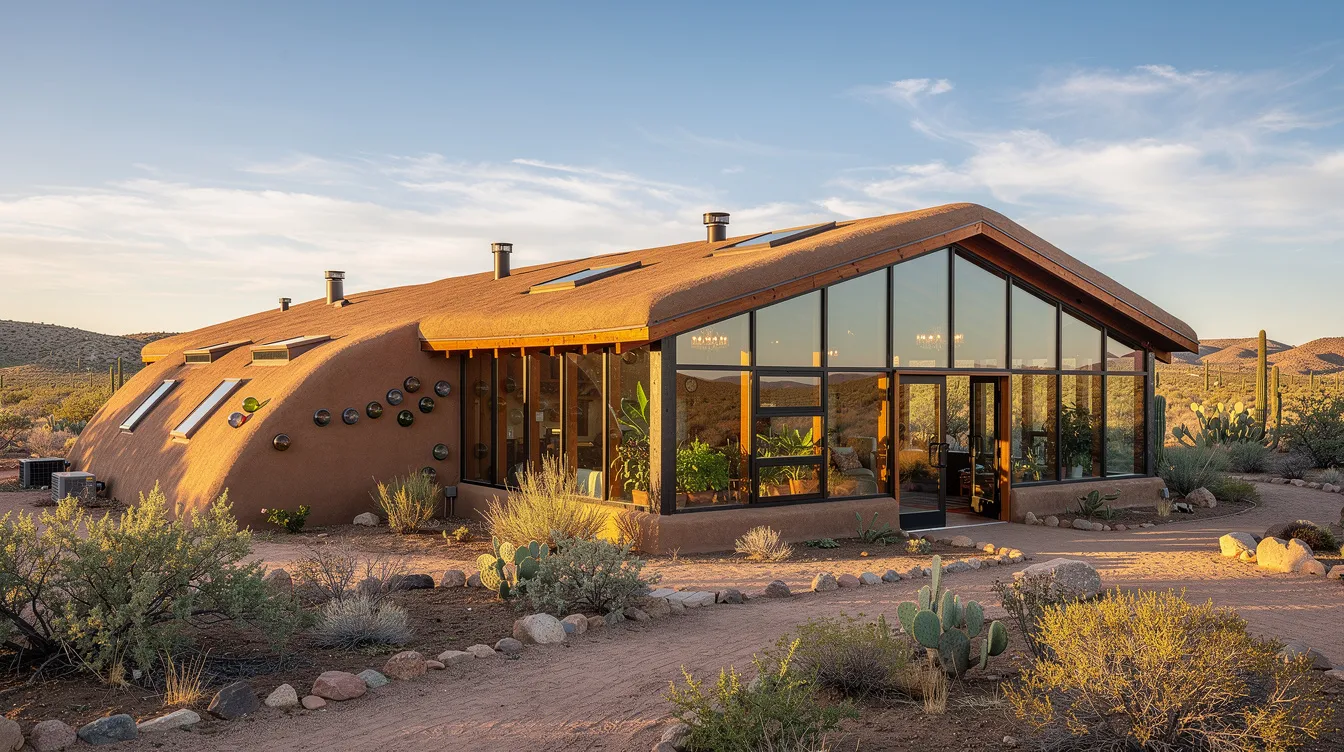 3a651ab5ecd94e3092c3edb3decb24f0 The image depicts a completed Earthship home featuring earth bermed walls and a south facing glass greenhouse facade set against a desert landscape This sustainable living structure utilizes natural and recycled materials showcasing the principles of earthship biotecture and off grid systems while emphasizing the integration of solar panels for renewable energy