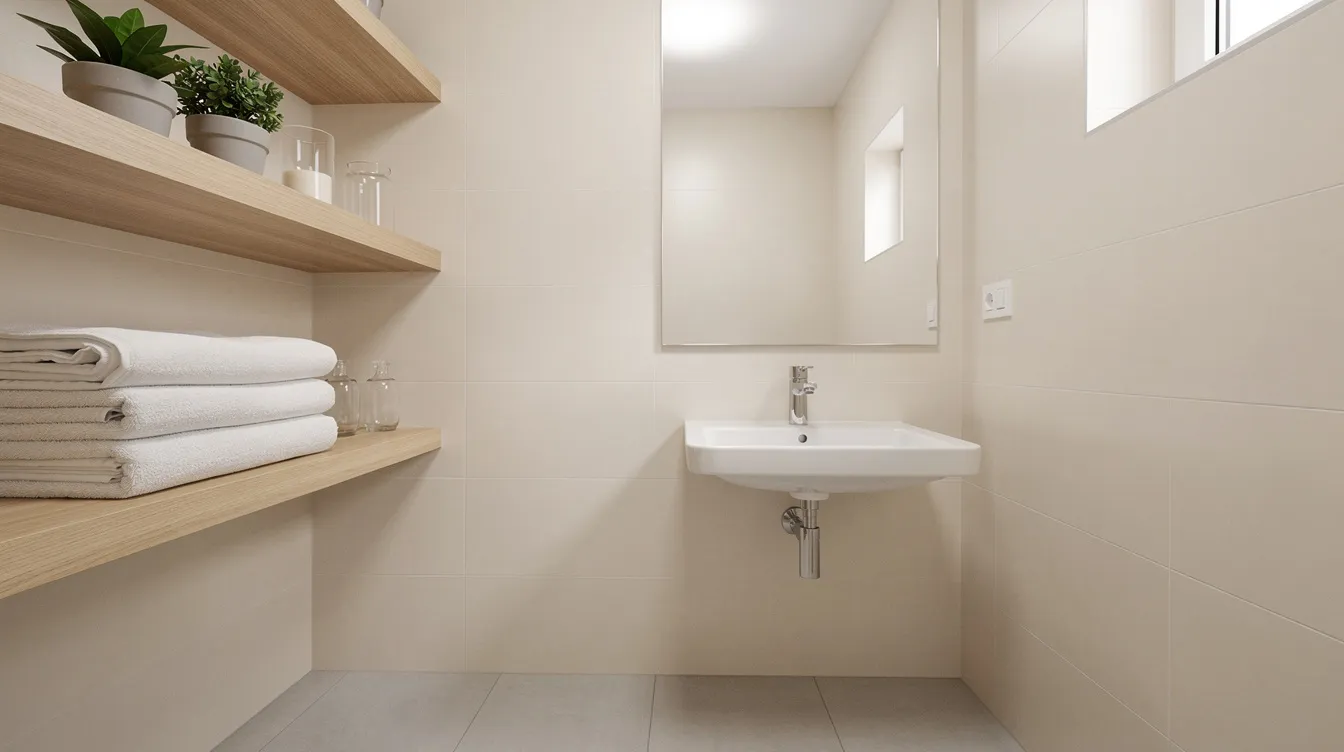 3b0bb9a20e9f446b9b473af44dd33ba9 The image depicts a bright tiny bathroom featuring a wall mounted sink a large mirror and floating wooden shelves that hold various items This compact space is designed for efficiency and style showcasing an inviting atmosphere perfect for inspiration in tiny house living