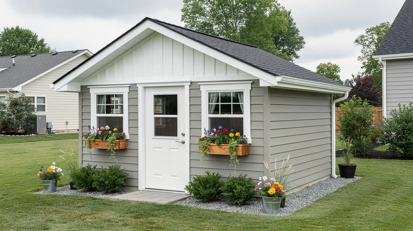 3c0da1124be84e2b853d0c9073ce0e79 The image depicts a charming cottage style storage cabin with a gable roofline and decorative trim perfectly blending into a suburban backyard This cabin shed features clean proportions and windows offering a traditional residential appearance that complements the surrounding home architecture