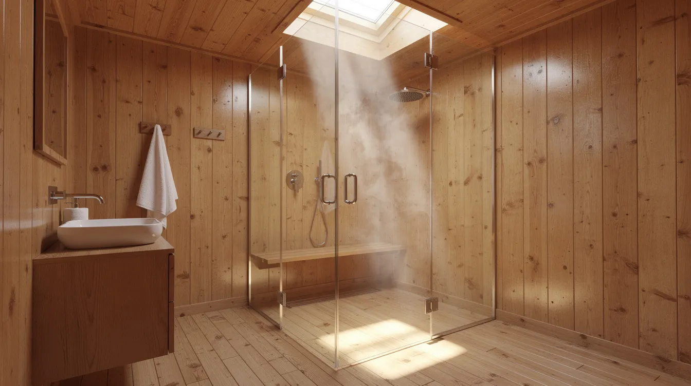 3cfa26a0e16246da856106b4d65e0e20 The image depicts a small wooden bathroom featuring a glass corner shower with a frameless enclosure allowing natural light to fill the space from above This compact bathroom design maximizes floor space while maintaining an airy feel making it a perfect example of tiny house bathrooms