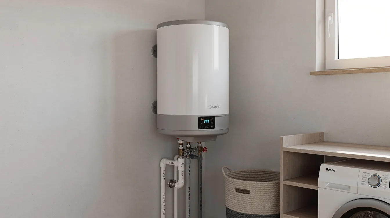3ded30a3a0634988accf631edc2e7b9a The image features a compact electric water heater designed for small homes ideal for one bathroom setups or tiny apartments Its tankless design ensures instant hot water with precise temperature control making it an energy efficient choice for homeowners looking to meet their hot water needs in limited spaces