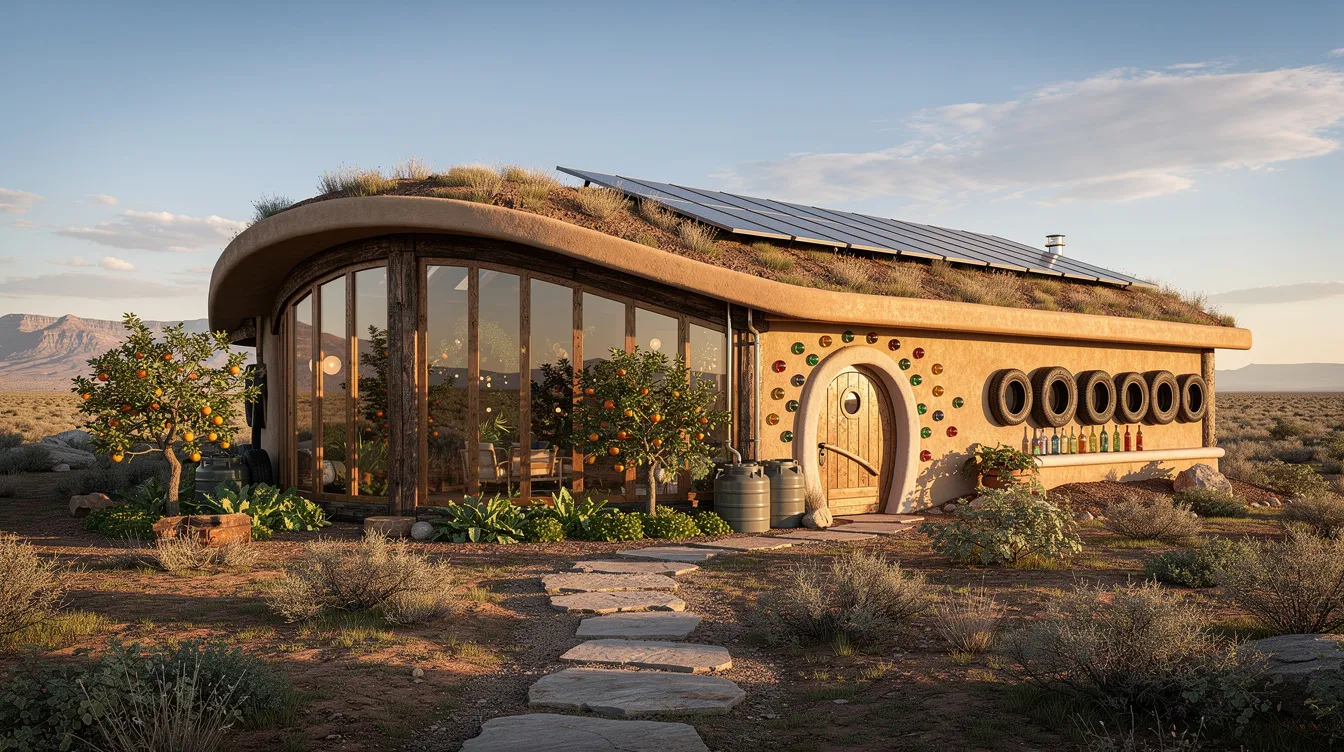 3df8a4079e7b4a9b811035c02db05827 The image depicts a unique earthship home designed using sustainable architecture principles featuring walls made from recycled materials like old tires and a roof equipped with solar panels This eco friendly structure emphasizes energy efficiency and passive solar design ideal for living in harmony with nature