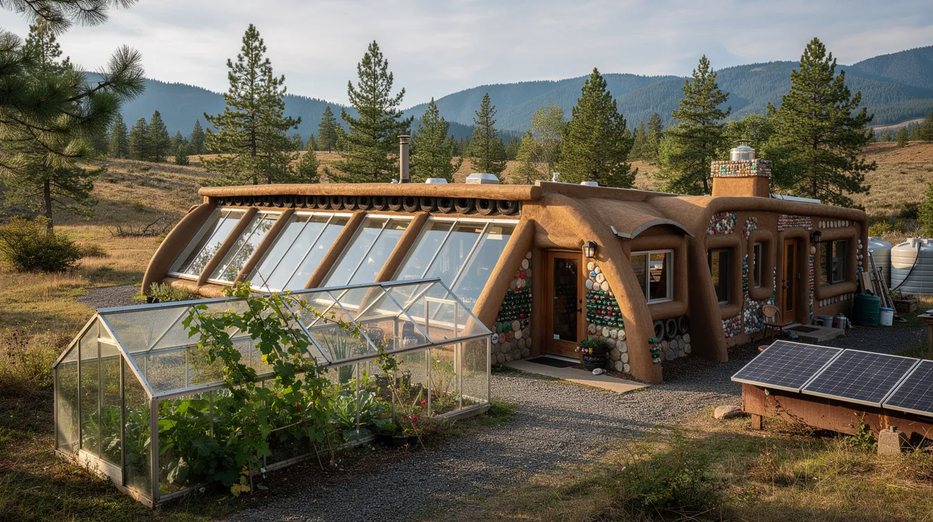 3e64daf5484b49bba3c3172580f06b8f The image depicts a sustainable Earthship home located in Washington State showcasing its unique design constructed with recycled materials Surrounded by the lush greenery of the Pacific Northwest this innovative house embodies the mission of creating a greater world community through eco friendly living