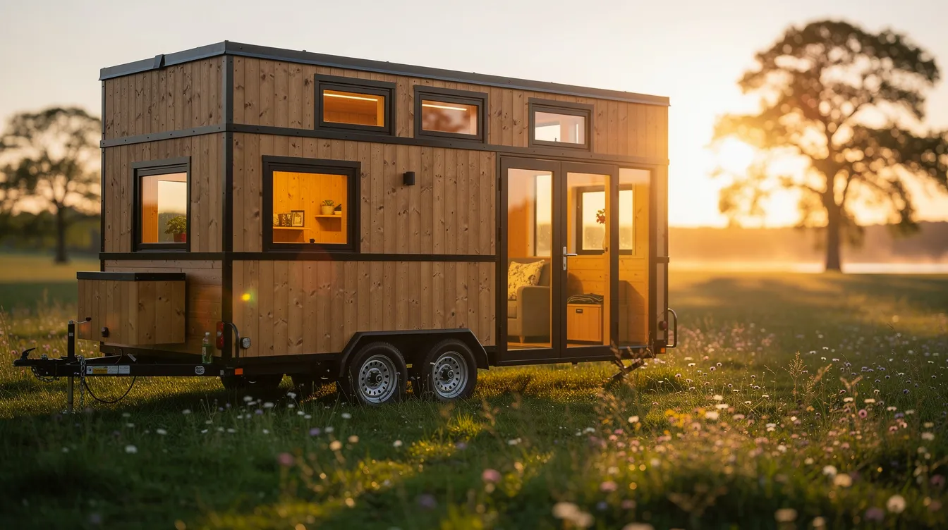 3e89418164264b2faf5f42ef18dca945 A cozy tiny house on wheels is parked in a serene meadow during golden hour with warm light glowing from its windows The scene captures the essence of sustainable living showcasing solar panels on the roof hinting at its off grid capabilities and renewable energy source