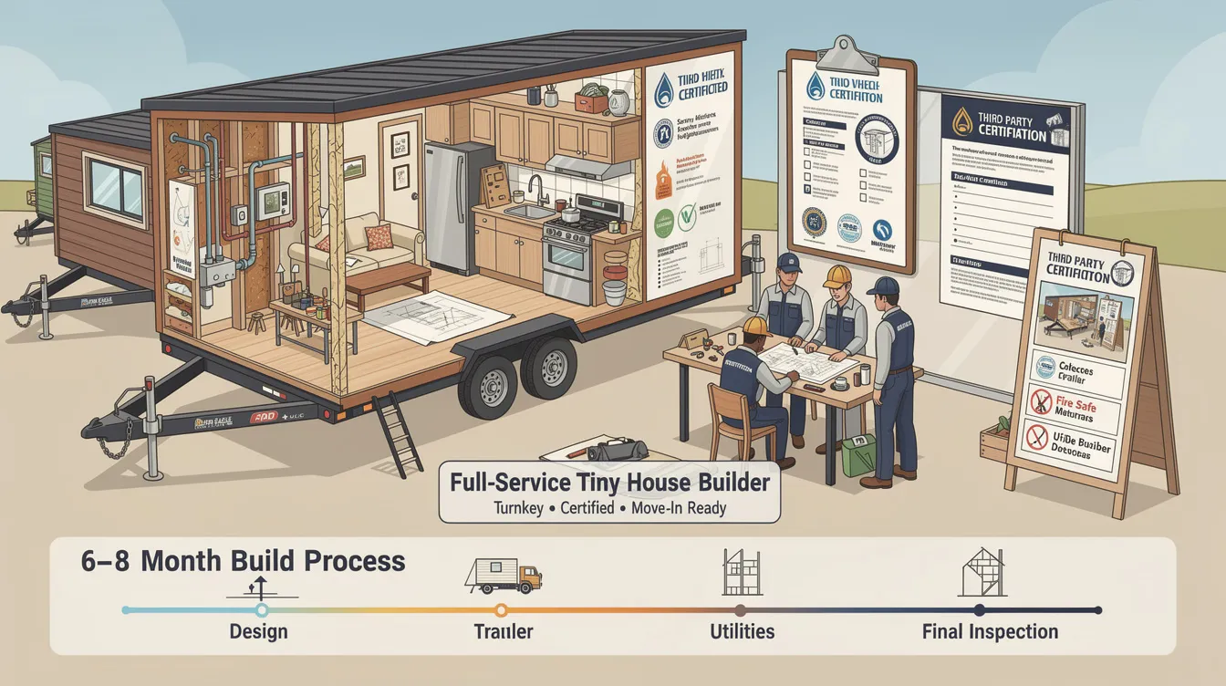 3ea4685ca5b843c98d5d19ca281a4da9 An image depicting a full service tiny house building company showcases a well constructed tiny home on a dedicated tiny house trailer emphasizing the solid foundation and quality materials used such as the Iron Eagle PAD Series trailer The tiny house features a finished interior with modern appliances and efficient design illustrating the comprehensive services offered by tiny home builders to create move in ready homes