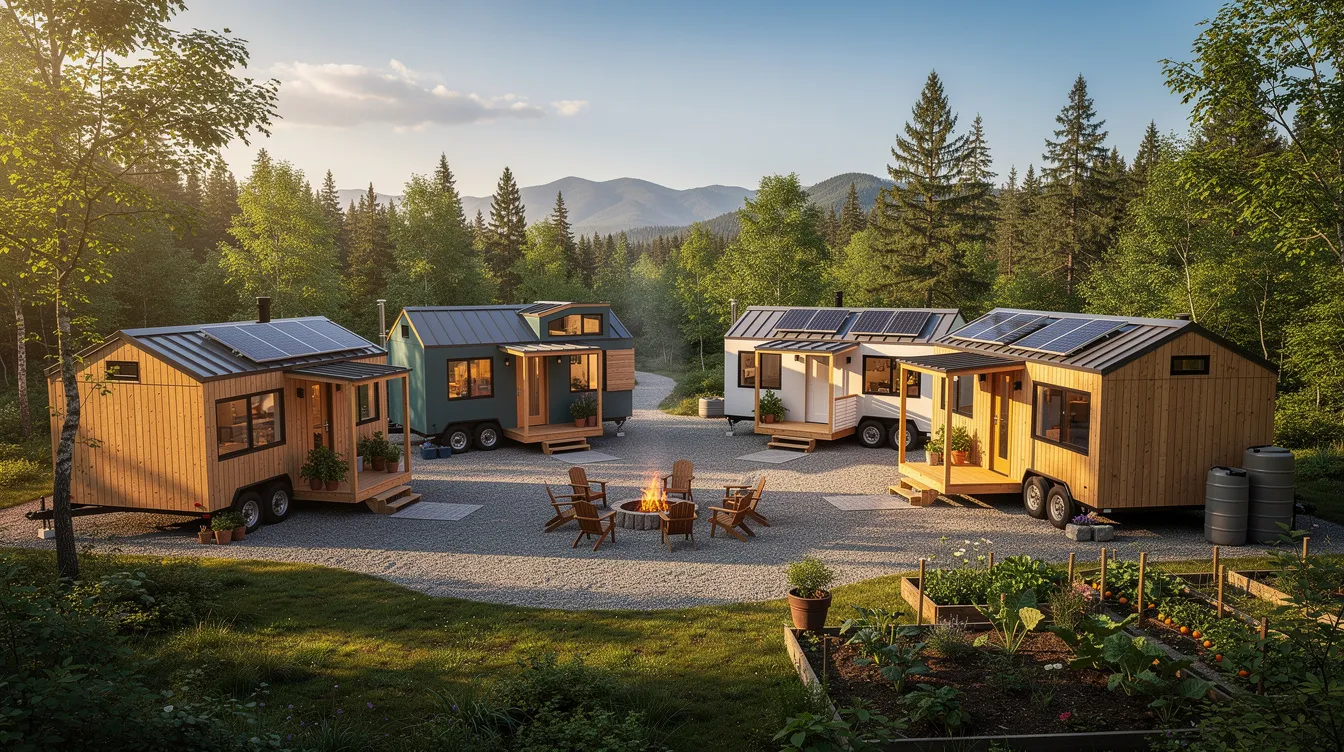 3eb827eddfc442f983676389c2e569c1 The image depicts a vibrant tiny home community showcasing several colorful tiny houses nestled together promoting the tiny house movement and affordable housing options Each tiny house adheres to local zoning laws and building codes reflecting the diverse designs that cater to the needs of residents in New Jersey and beyond