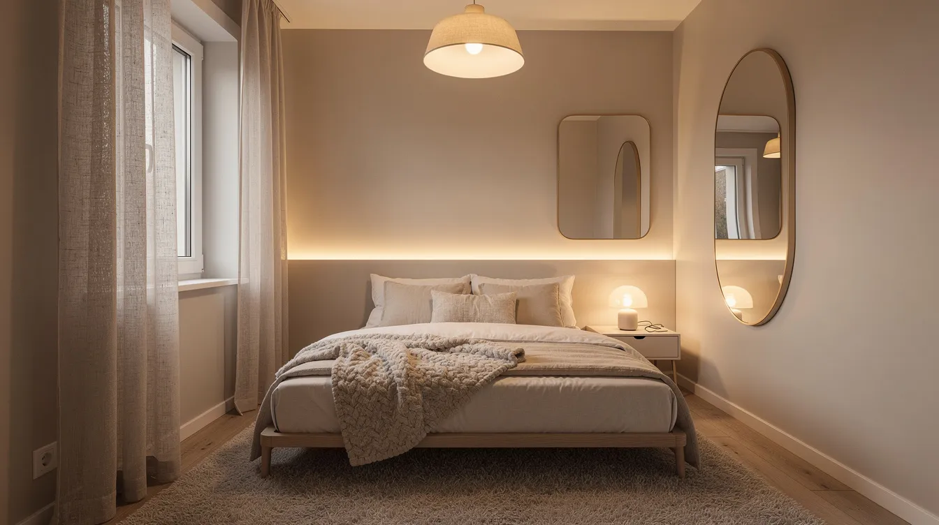 The image depicts a cozy tiny bedroom designed for comfort and relaxation, featuring light, natural fabrics and neutral colors that enhance the sense of openness. With a murphy bed cleverly folded against the wall, plush cushions, and warm lighting, this small space exemplifies smart solutions for maximizing floor space while creating a personal sanctuary.