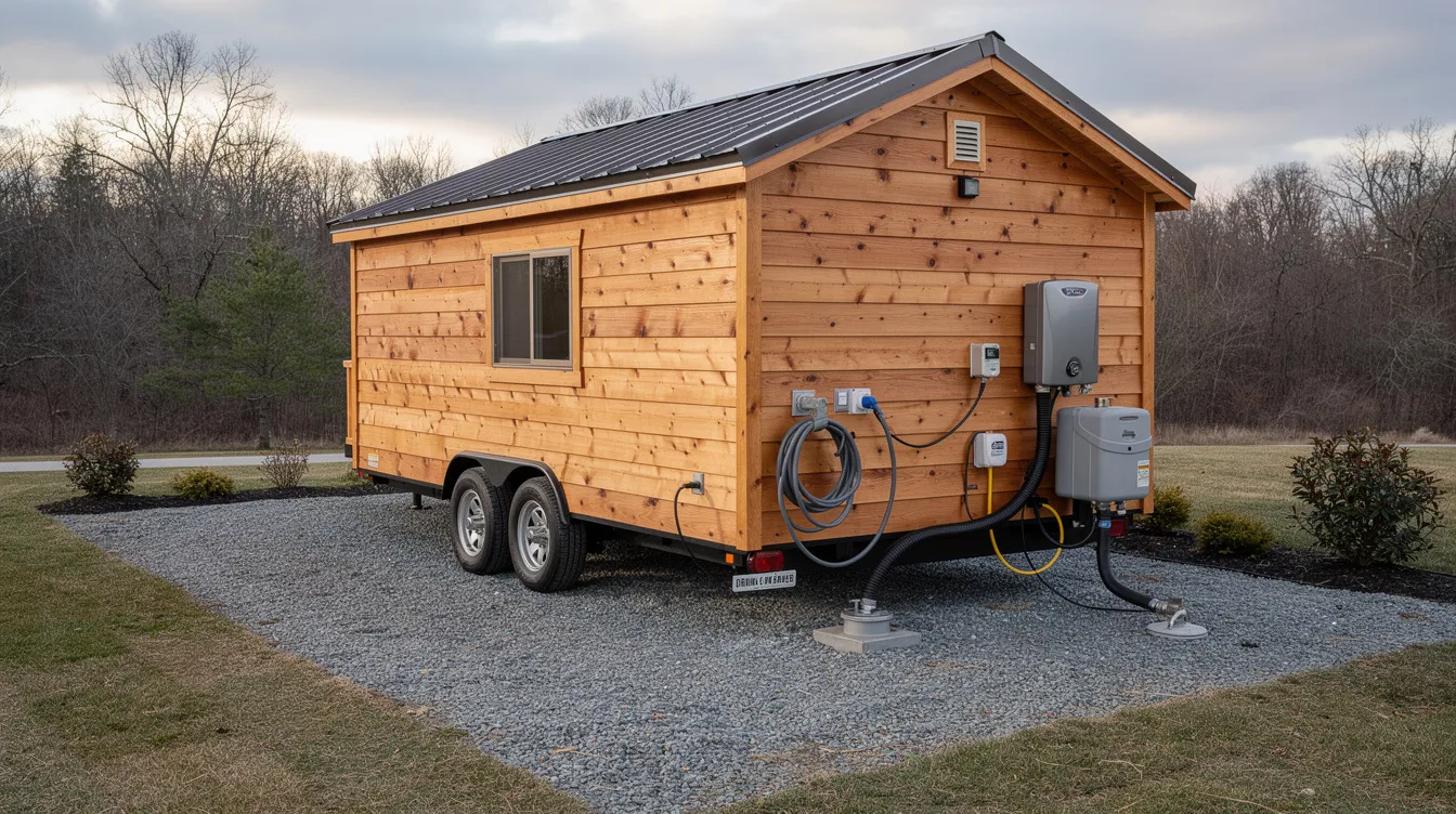 3f7350cfa641475eba7edfc3c7eaed50 A cozy tiny home on wheels is parked on a gravel pad showcasing its sturdy construction and premium materials The exterior features visible utility hookups for electricity and plumbing making it a practical choice for a modern lifestyle