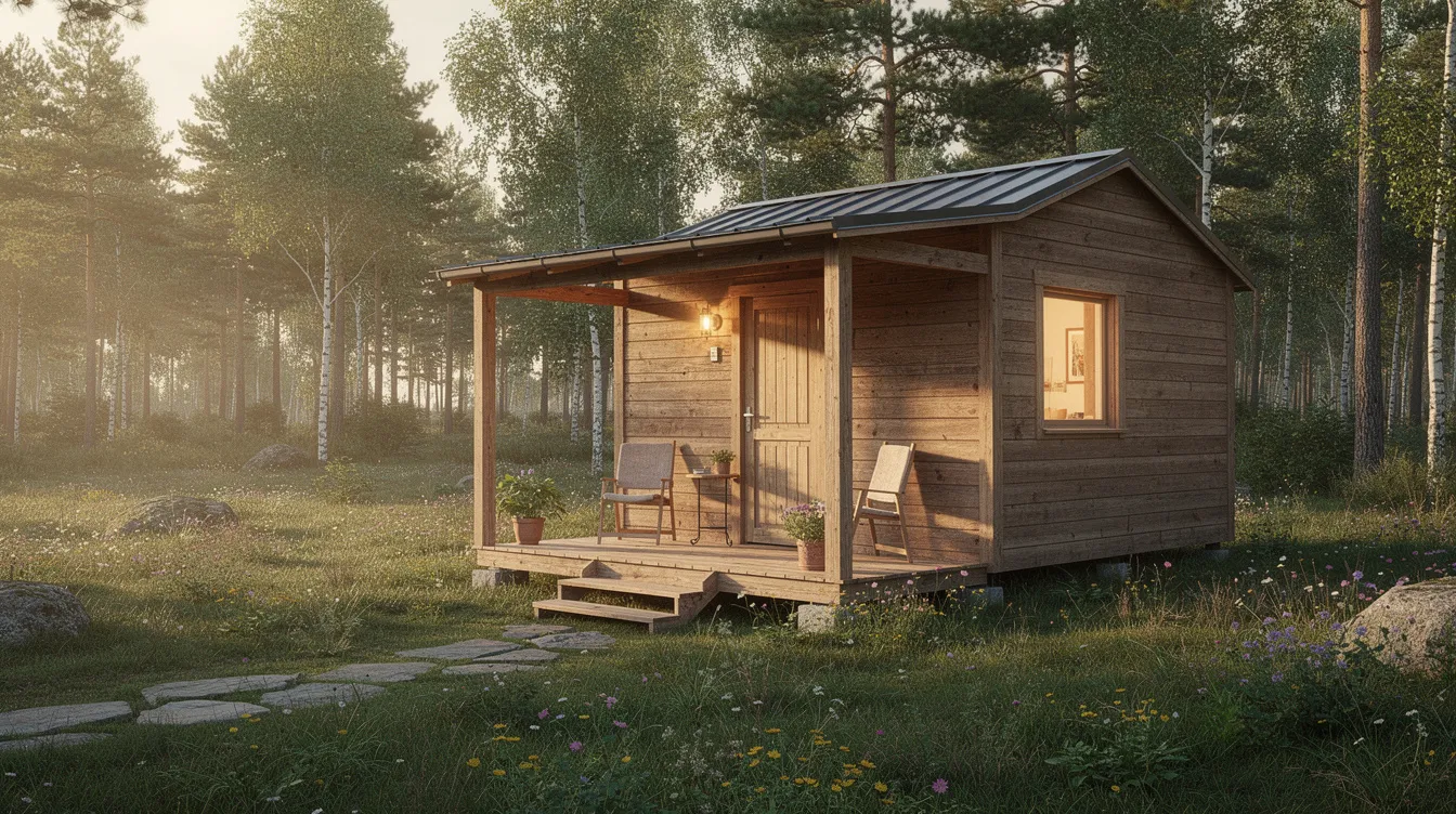 3fe397d87cbd4e358b8edfdd8b06b18d A tiny cabin with a wraparound porch sits nestled near a serene lake showcasing a beautiful exterior design The open layout features a great room with a kitchen island and a cozy bedroom perfect for enjoying nature's tranquility.