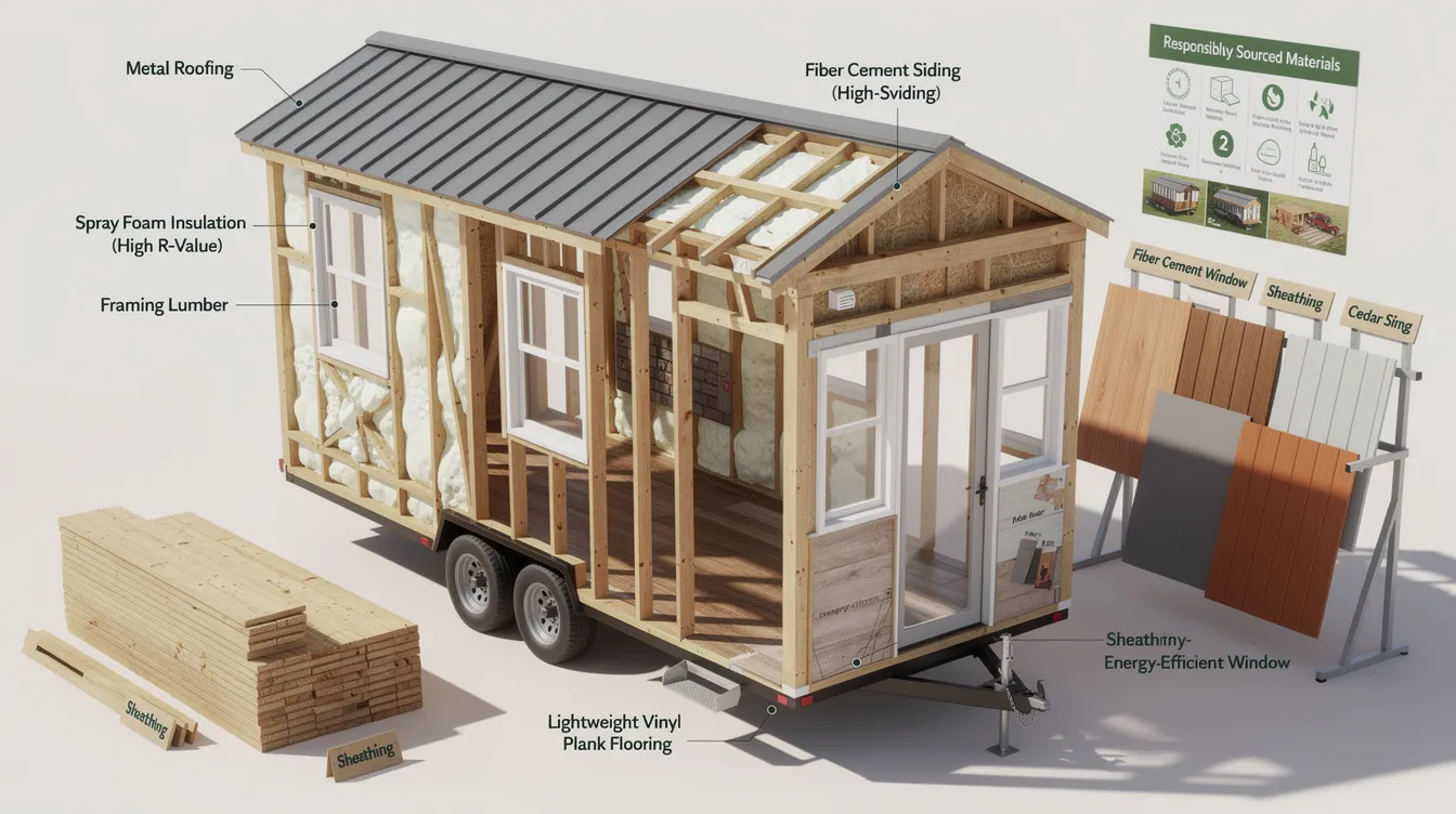 40cb6a503ed1472fb8dea250aa6bad2e The image showcases a variety of building materials essential for constructing a tiny home including framing lumber sheathing and durable siding options like fiber cement and cedar It highlights the importance of energy efficient windows and doors as well as quality insulation like spray foam all crucial for creating a cozy and sustainable tiny living space