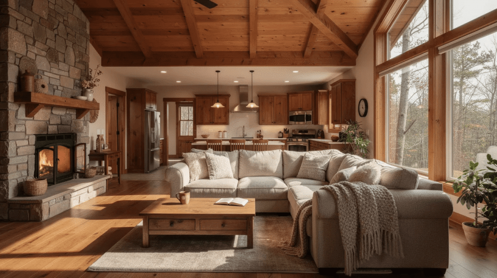 4192322ba1fe4885be686174095493c91 Cozy living room with a stone fireplace beige sectional and wooden coffee table large windows and a wood beamed ceiling