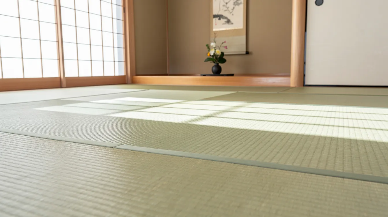 41fa27c2f228467294174a0c878bfd33 The image showcases a beautifully arranged tatami room featuring traditional tatami mats made from rush grass creating a serene and elegant Japanese style space The room is adorned with shoji screens a low table and a platform bed reflecting the simplicity and cultural background of Japanese homes while inviting relaxation and meditation
