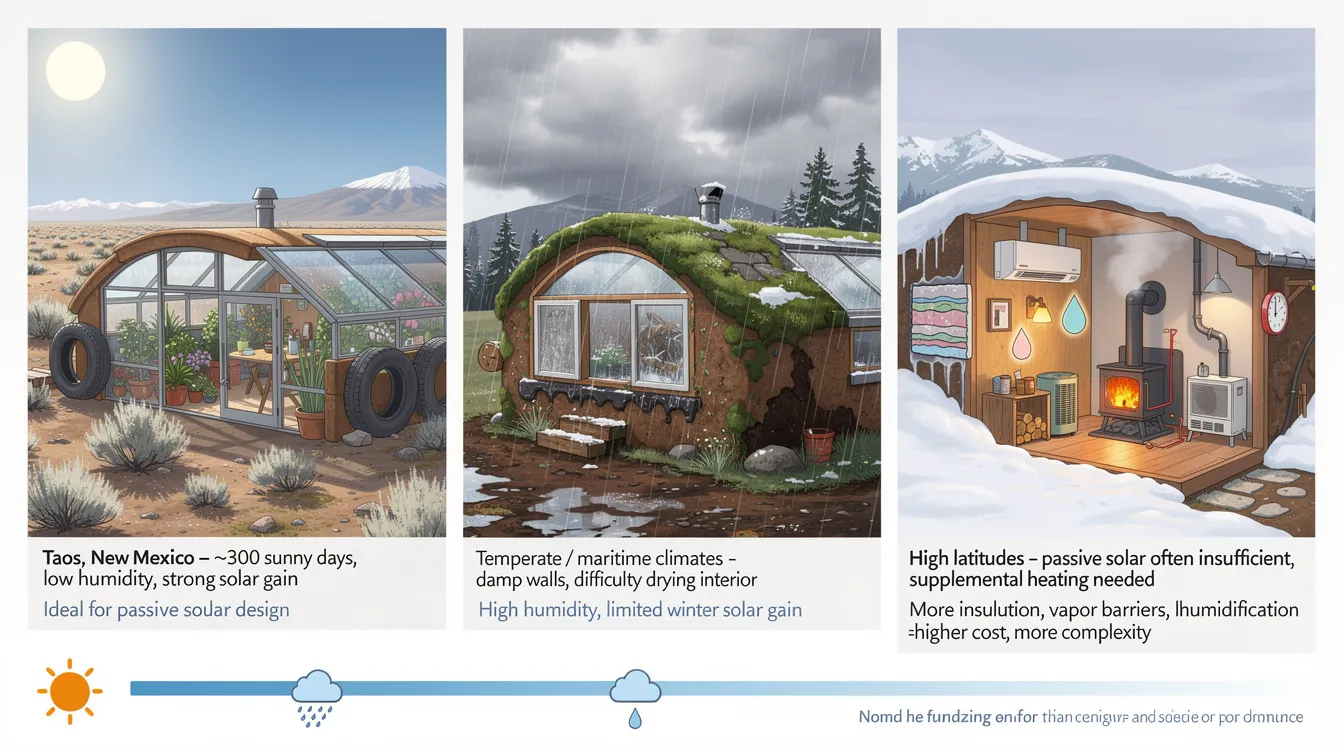 4285195ecb53472e87b8f0b10f7be61a The image depicts a comparison of earthship performance in different climates highlighting the challenges faced in humid or rainy regions compared to the ideal conditions of Taos New Mexico It illustrates the complexities of sustainable design showing how adaptations like additional insulation or heating systems can increase costs and impact the original simplicity of earthship construction