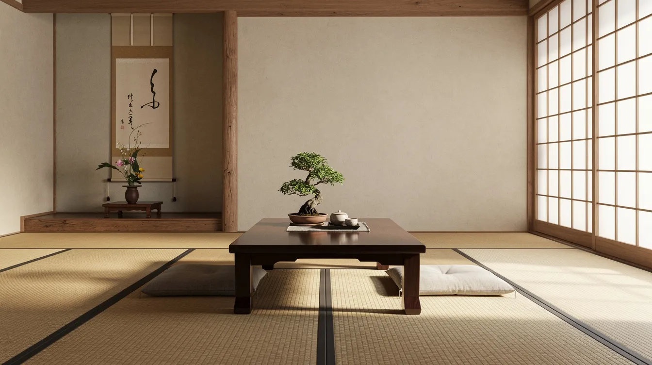 4336966a941240adaf67b2b1b9848189 The image depicts a serene tatami room featuring traditional tatami mats made from rush grass that cover the floor complemented by a low wooden table and a platform bed adorned with a futon Shoji screens softly divide the space enhancing the Japanese style and cultural background of this elegant room which promotes relaxation and simplicity