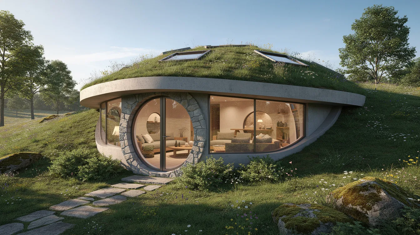 438278592cdb45a38fdb187afedadbcd The image depicts an underground dome house showcasing its unique geodesic shape and energy efficient design This monolithic dome home is surrounded by natural spaces emphasizing its cost effective construction and sustainable living benefits
