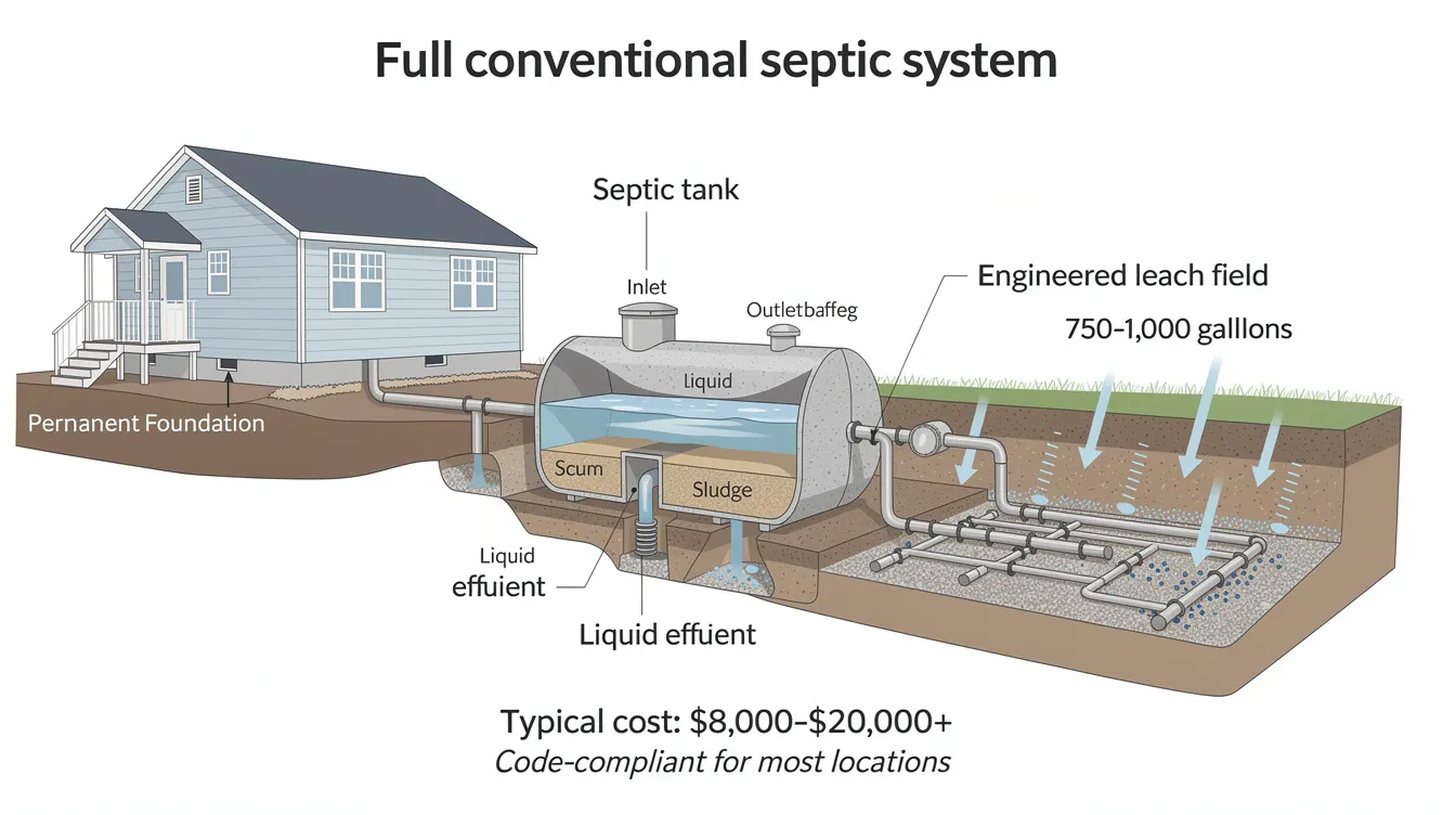 442bdf3dfbcf46069d8a7587b5dac0ab The image depicts a full conventional septic system designed for tiny houses featuring a large tank for waste storage and an engineered leach field for wastewater management This reliable system suitable for permanent foundations is essential for off grid living and can accommodate the needs of bathroom sinks toilets and washing machines
