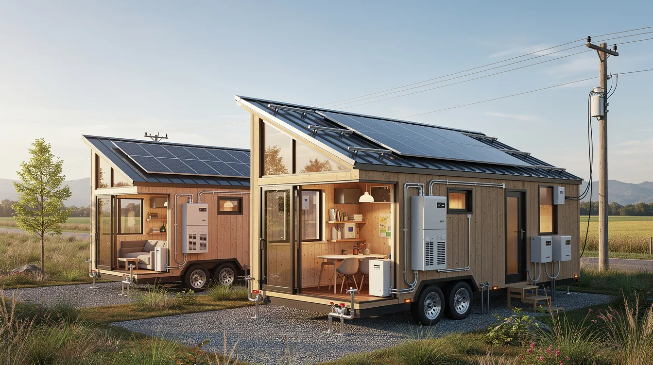 4453901f6f4044d880494f12f4fba4c5 The image features a modern off grid ready tiny house showcasing its sleek design and eco friendly features including pre installed solar panel systems and rainwater plumbing This self sufficient tiny home is fully insulated and finished ideal for those seeking energy efficient living while transitioning to off grid lifestyles