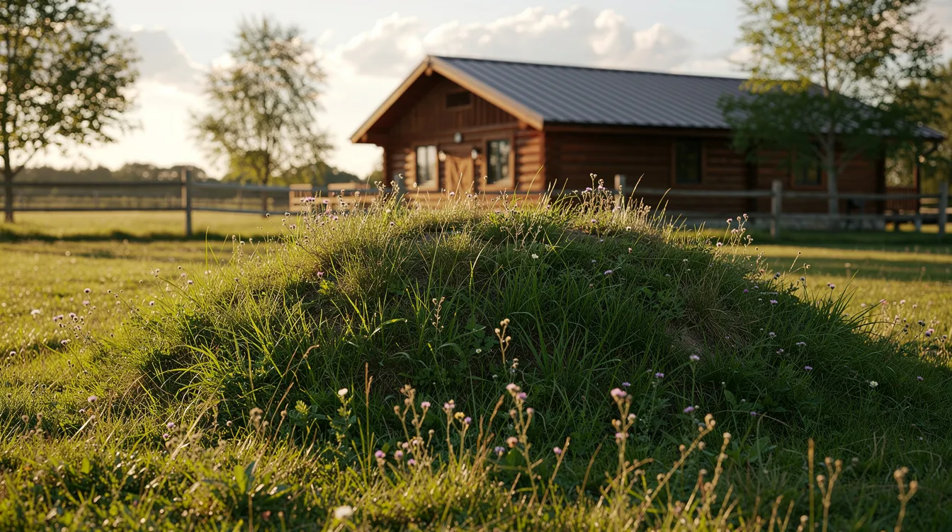 489ea0faccad409185b37aa7e4c259f0 The image depicts a grassy mound on a rural property with a cozy cabin visible in the background suggesting a serene environment ideal for private septic systems This mound may be a part of a mound septic system designed to efficiently manage wastewater in remote settings