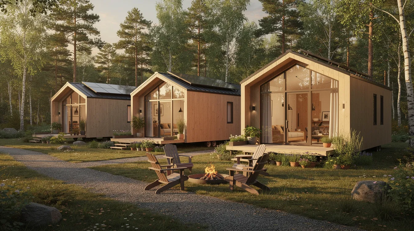 48d6d4b9a5ef41f986cabb79c6aa662a The image depicts a variety of tiny houses showcasing the tiny home movement with their compact designs and sustainable living features These tiny homes often less than 400 square feet highlight the growing interest in affordable housing solutions and the importance of understanding local zoning laws and building codes for tiny home construction