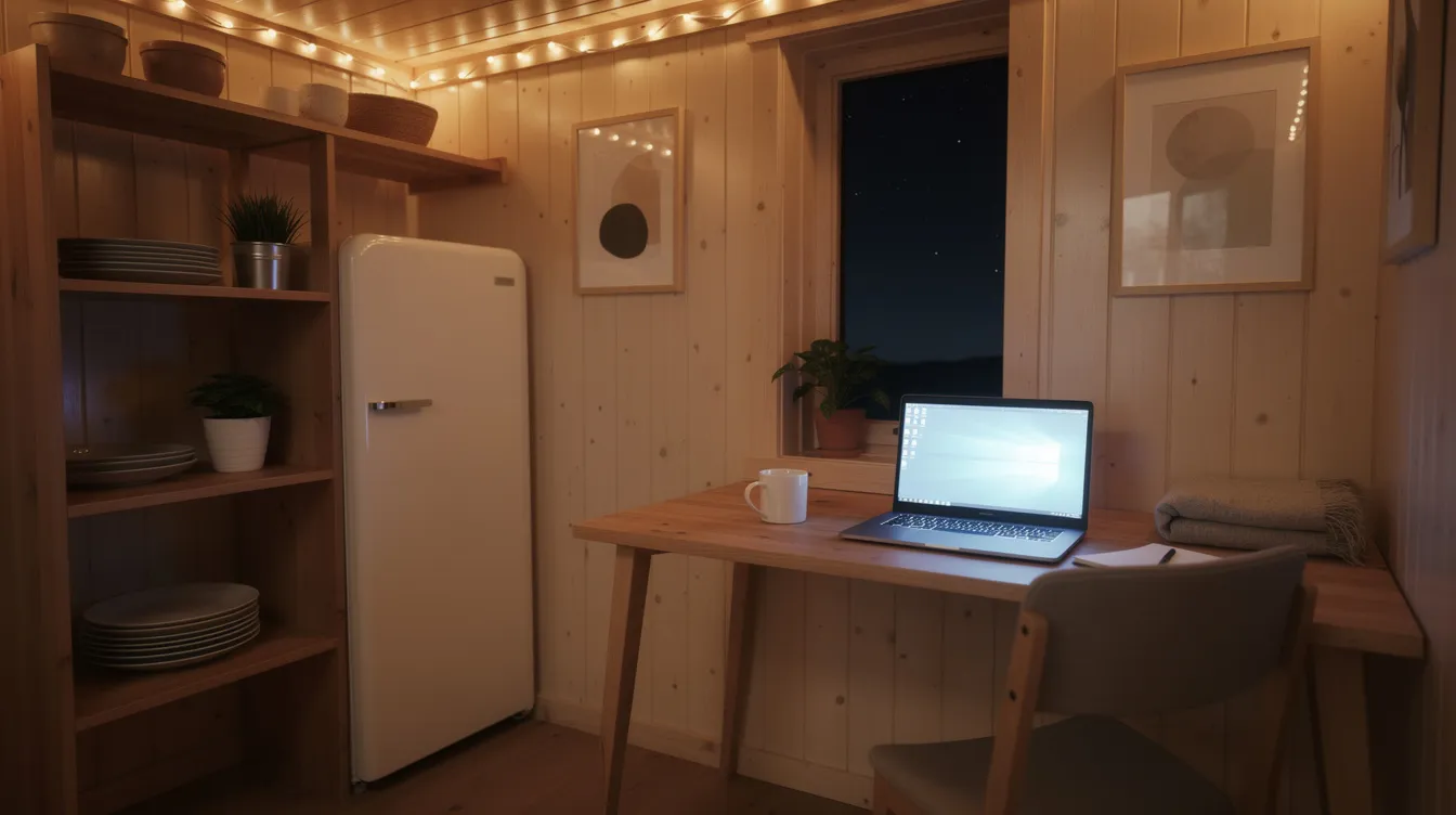 4901ad3948734f86b3edd228e0c4453b The image depicts a cozy tiny house interior illuminated by warm LED lights at night featuring a small refrigerator a desk with a laptop and a sense of comfort ideal for off grid living This setup exemplifies energy efficiency and the use of essential appliances in a compact space perfect for sustainable living
