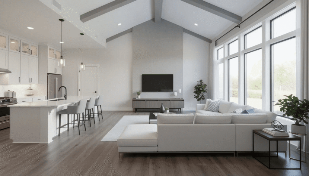 4931804e4b2148768aa915d6c71ac5d21 Open concept living area with a white sectional sofa facing a TV on a gray accent wall large windows and a kitchen island to the left with bar stools