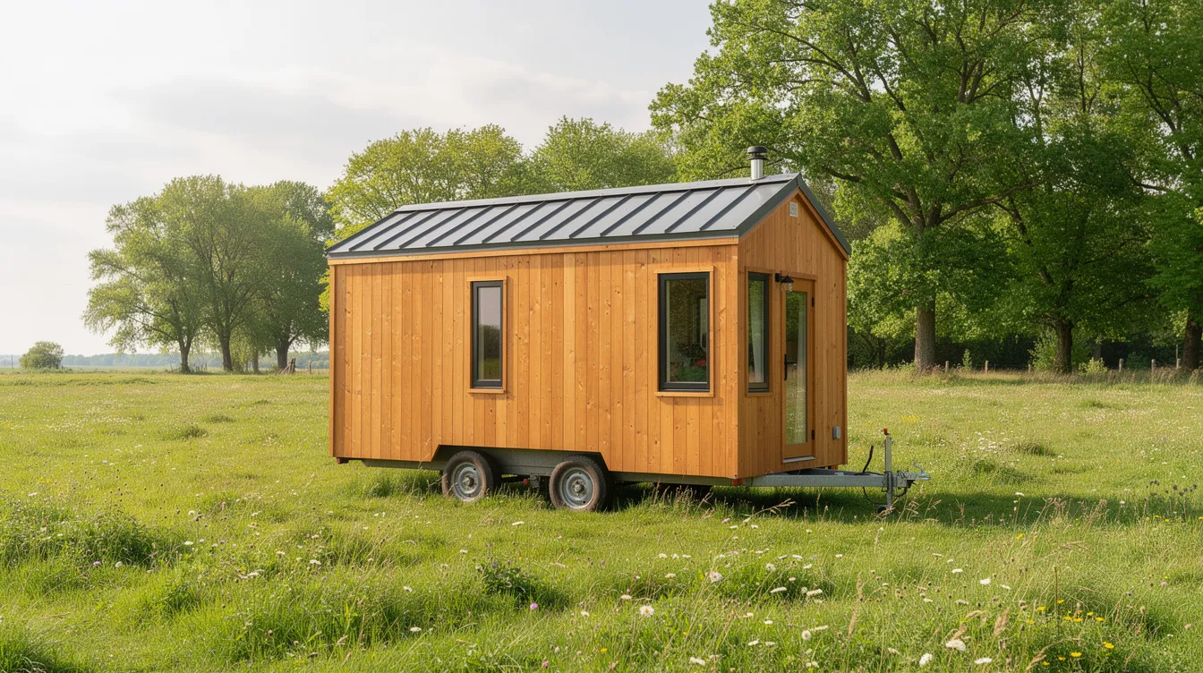 499c5293a568452b9f47bd3360dfc524 A small wooden tiny house on wheels is parked on a grassy rural property surrounded by trees in the background showcasing the essence of tiny house living This setup could include an own septic system for waste management emphasizing the off grid lifestyle