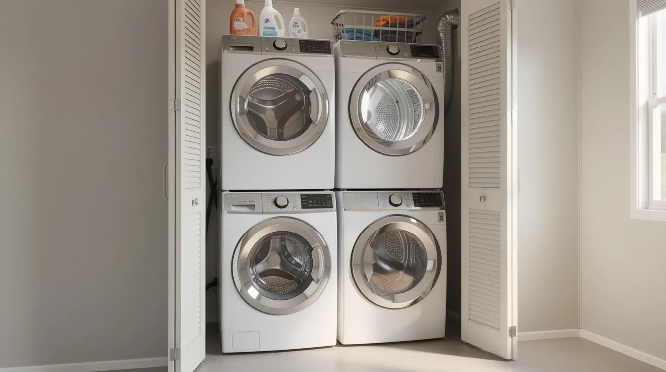 49c35b5e35254b63bbad492b29f68fd2 The image depicts a standard 27 inch stackable washer and dryer unit designed for small spaces like mobile homes and apartments showcasing a sleek vertical configuration that maximizes laundry performance while ensuring efficient use of space The front load machines are shown with their control panels visible emphasizing their modern design and functionality