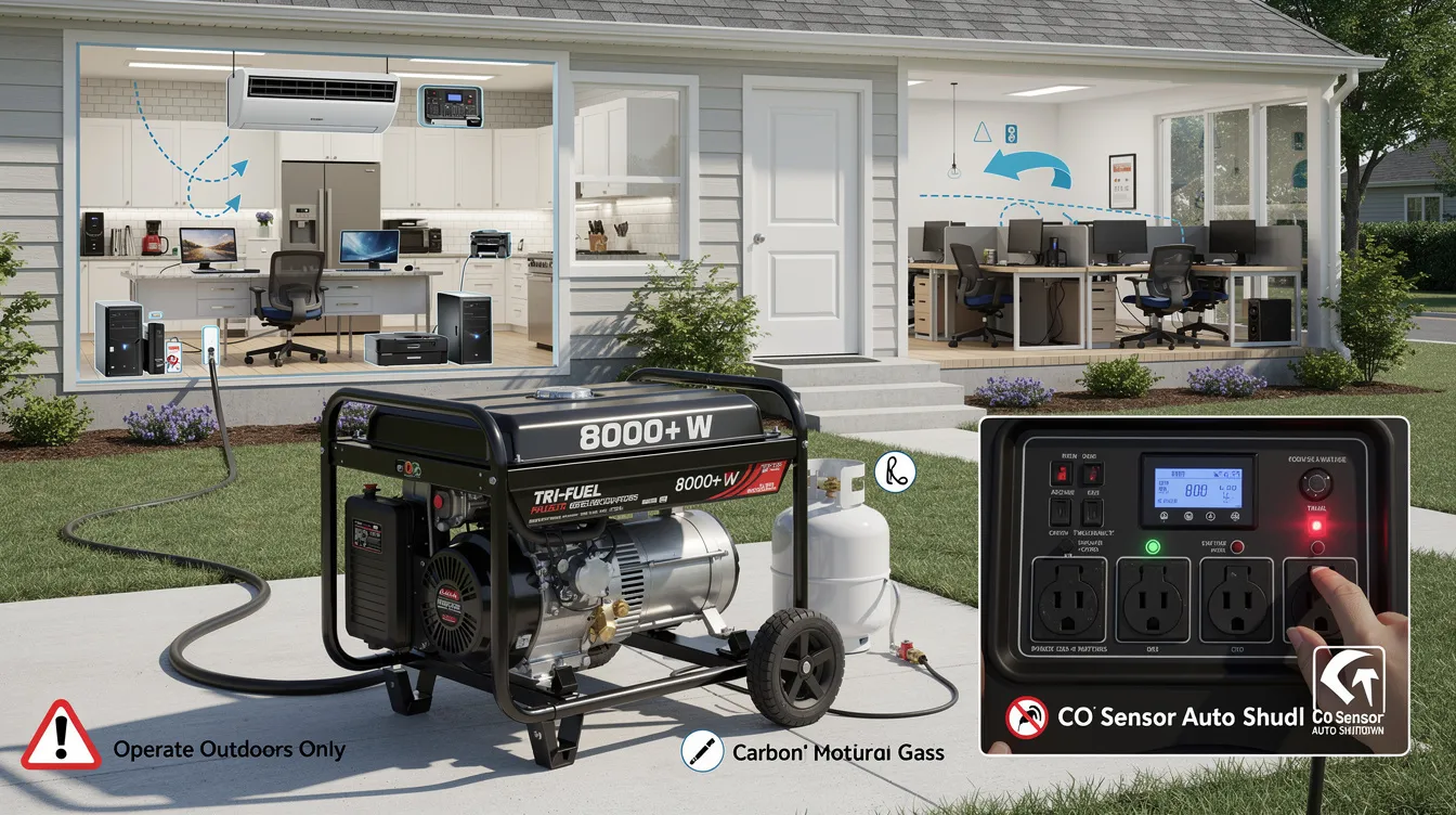 49dde75630084d7aac93700b737124df The image depicts a large portable generator designed for residential homes and small businesses showcasing its tri fuel capability to run on gasoline propane or natural gas This powerful generator is ideal for supporting central HVAC systems and multiple appliances emphasizing safety features like carbon monoxide sensors for reliable outdoor operation in Houston Texas