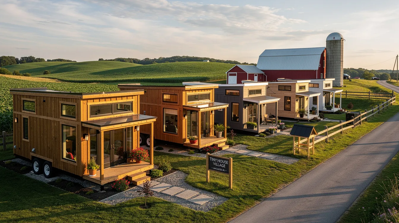 4a22371eaf914c4bbf3de966e668f289 The image showcases a collection of tiny houses in Lancaster PA nestled within a picturesque landscape highlighting their cozy retreat style and unique architecture Each tiny home features a charming design surrounded by greenery offering a perfect getaway in Lancaster County