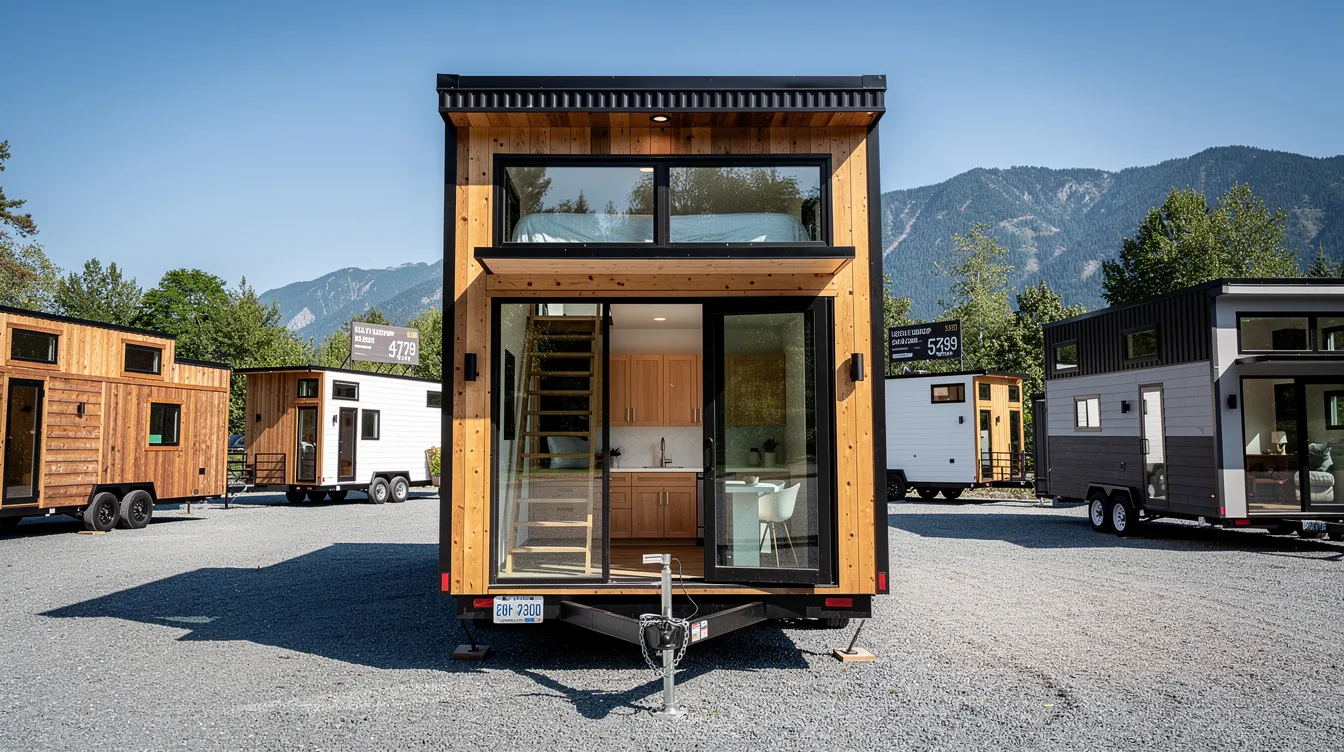 4a74f2edc40e465e8408edda8692825c The image features a collection of tiny houses on wheels THOWs showcasing sleek modern designs that maximize functionality within minimal space Each tiny home is equipped with lofted sleeping areas open concept layouts and clever storage solutions illustrating the innovative approach to compact living spaces in 2026
