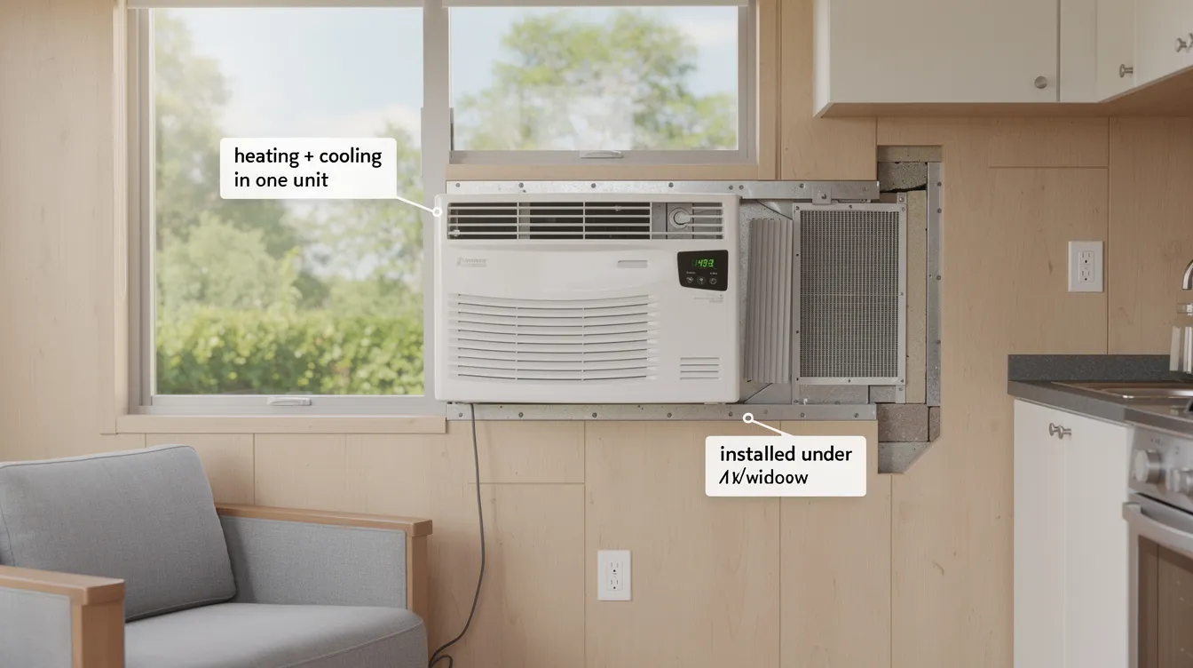 4b3b6a5451f04d16a8600537dc3b152e The image shows a PTAC unit a compact through the wall air conditioner designed for tiny homes which combines both heating and cooling functions in a single chassis This energy efficient unit is installed under a window conserving floor space while providing a comfortable temperature in small living areas