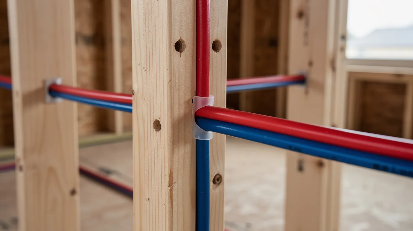 4b4b83184ac5475a95b08c0dfc8d020a A close up view of red and blue PEX tubing is visible running through the exposed wall studs of a tiny house under construction highlighting the plumbing system being installed for efficient water usage This image illustrates the essential elements of tiny home plumbing costs which can vary depending on materials and installation