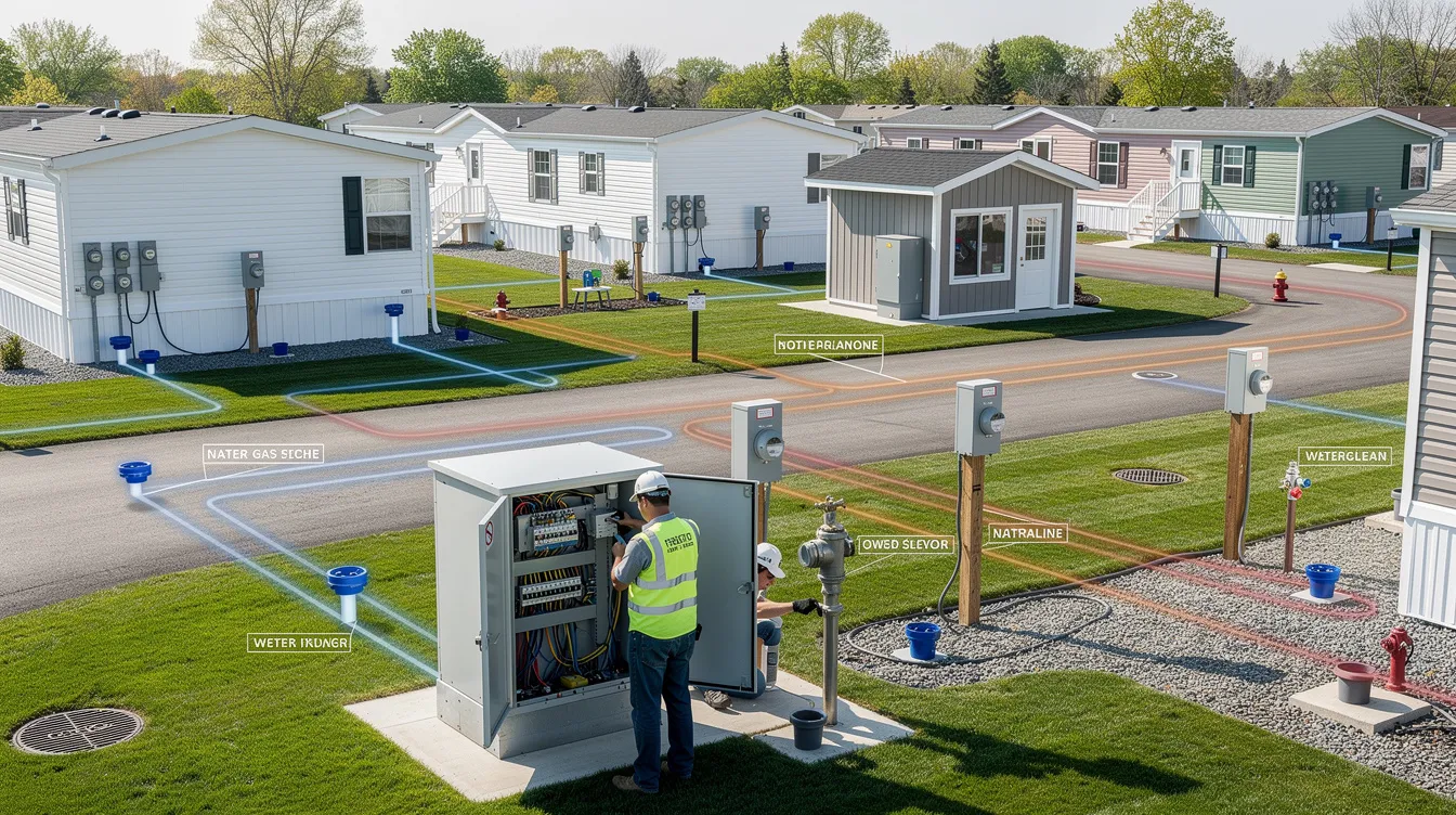 4b5c4027da80457c82c7a1a71bee692a The image depicts a well maintained mobile home park showcasing various manufactured homes with visible utility meters for electric and water service Residents can be seen interacting with park management discussing utility bills and energy efficiency programs to help reduce their monthly expenses