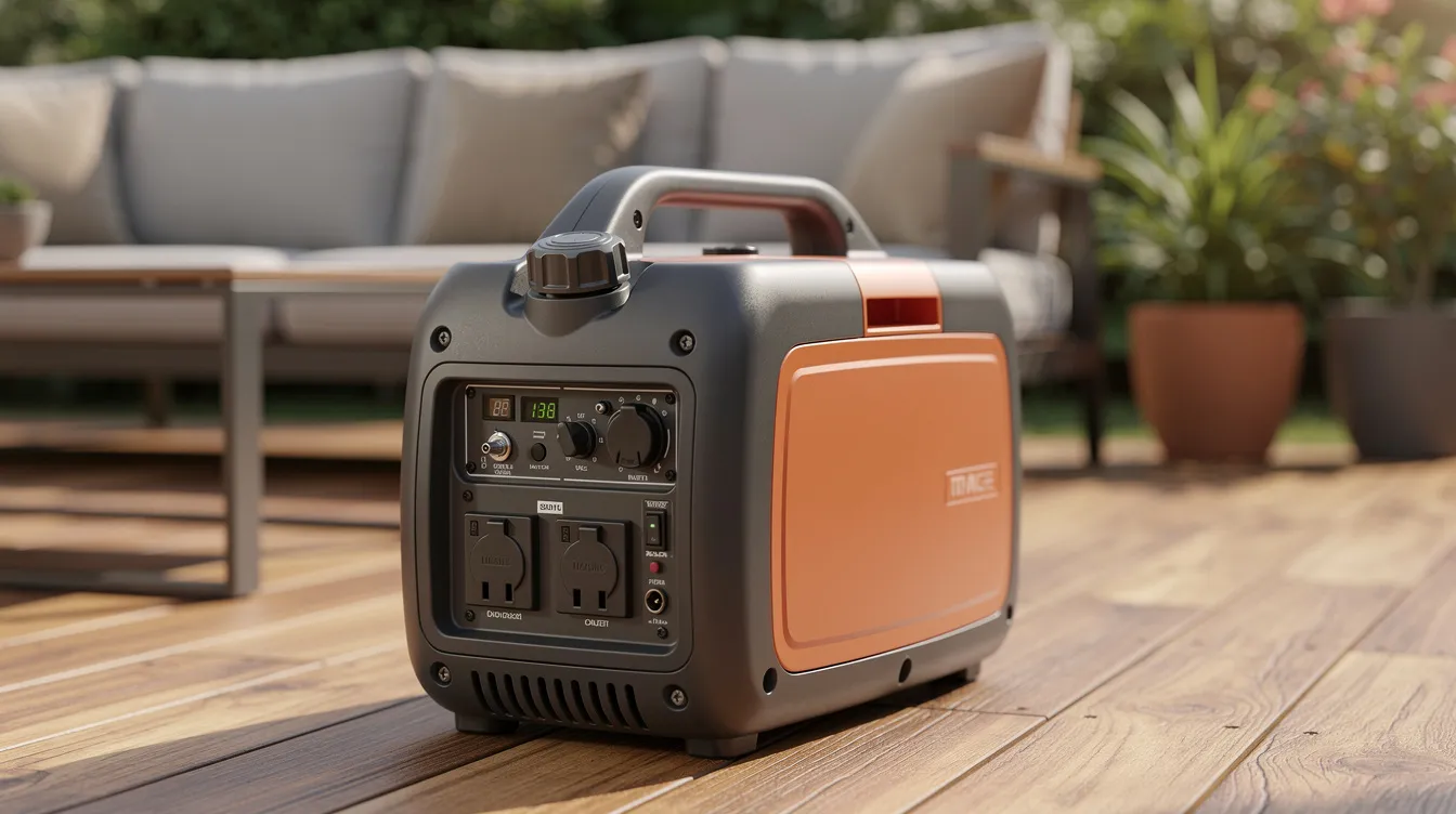 4c358b2dba3e40279353399d29194813 A compact portable generator with a carrying handle is positioned on a wooden deck surrounded by outdoor furniture providing a reliable power source for essential appliances in a tiny house or while off grid This small generator is designed for energy efficiency and convenience making it an ideal backup power solution for outdoor activities