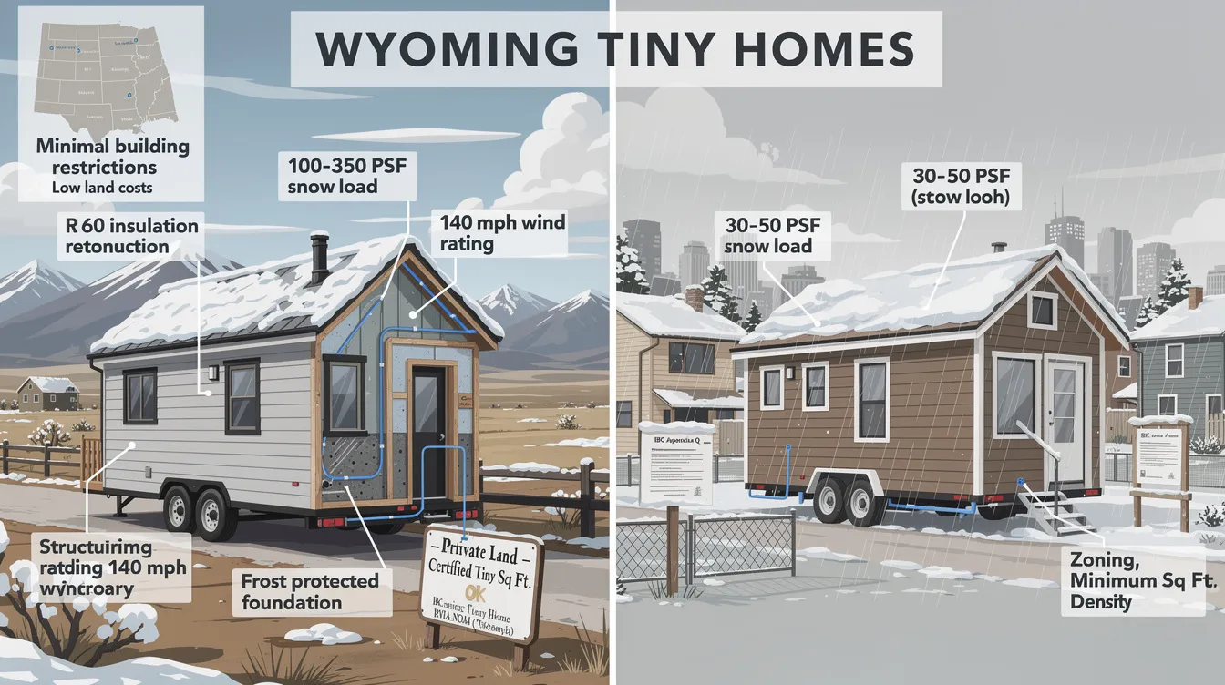 4e19503a39ac4fa699e926e23bf06338 The image depicts a cozy Wyoming tiny home nestled in a vast open landscape showcasing its durable construction designed to withstand extreme weather conditions With high quality materials and specialized winter features this tiny home exemplifies the unique building regulations and affordable living options available in Wyoming's rural areas.