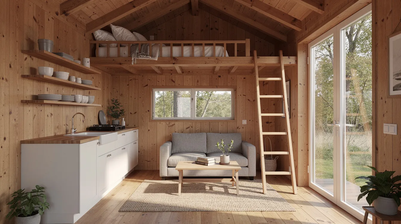4f779aa4f72841729eeb04801c677cda The image depicts the interior of a tiny cabin featuring an open concept living area that seamlessly integrates a small kitchen and a wooden loft above Large windows flood the space with natural light enhancing the warm and inviting atmosphere of this cozy tiny house design