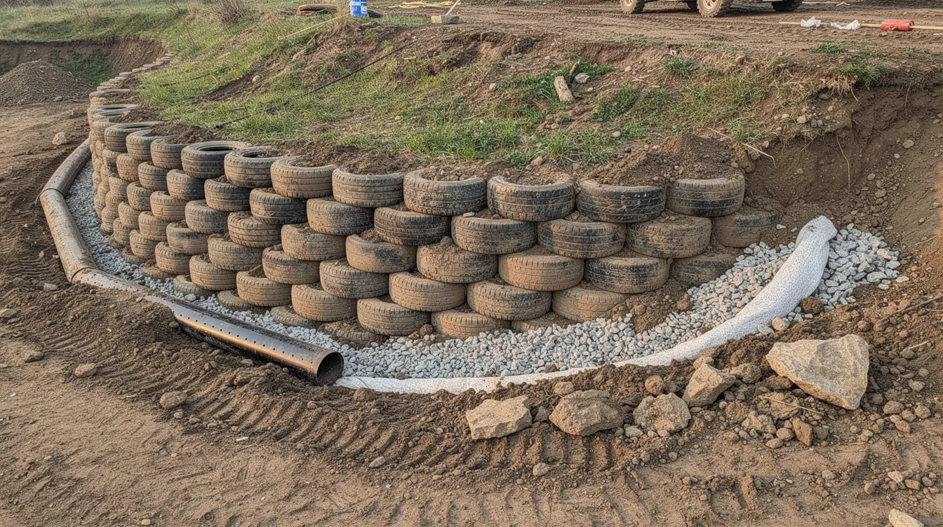 4fba8004e6884f2b989eb797f9357a9a The image depicts a curved retaining wall constructed from stacked earth rammed tires at a sloped construction site with a French drain visible at the base This design utilizes natural and repurposed materials reflecting principles of earthship biotecture aimed at creating sustainable homes in the Santa Cruz Mountains